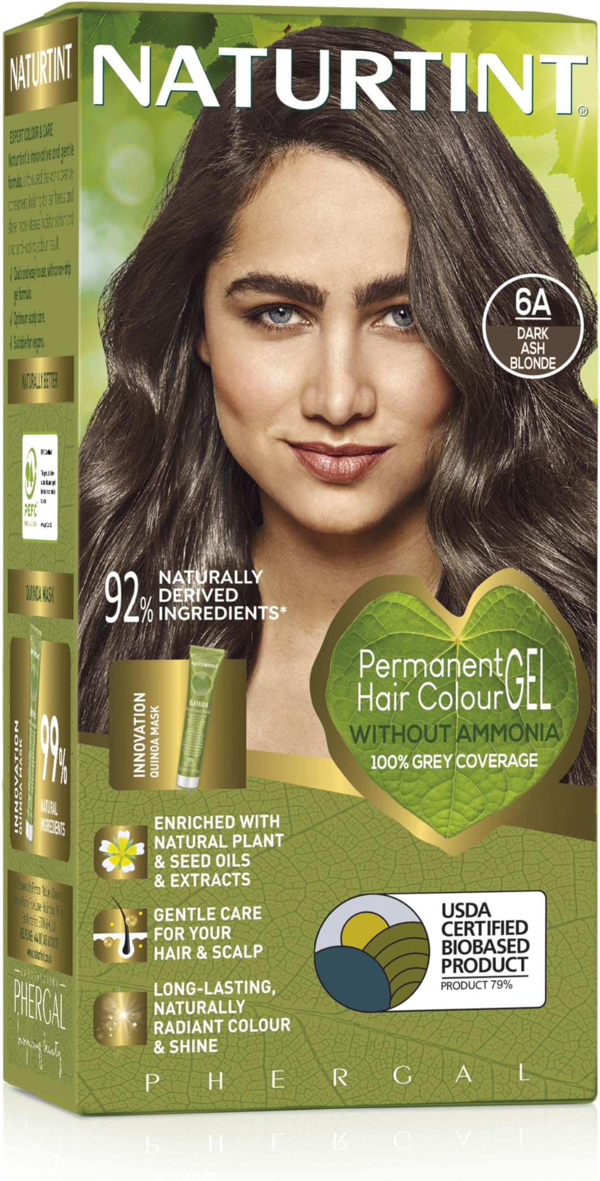 Naturtint Permanent Hair Colour Gel 6A Dark Ash Blonde, Plant Enriched, Biobased, Ammonia Free, Long Lasting Grey Coverage and Radiant Colour, Nourishment and Protection