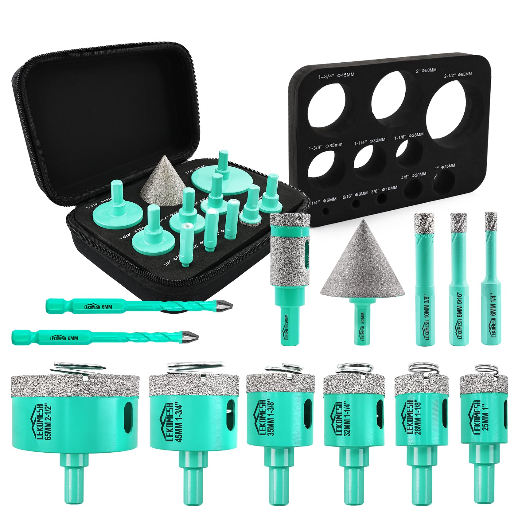 LEKOMESH Tile Hole Saw Kit - (6/8/10/25/28/32/35/45/65mm+20mm Drilling Milling Bit+50mm Chamfer Bit+6/6mm Tile Drill Bits) Diamond Drill Bits for Porcelain Ceramic Marble Brick Granite,Triangle Shank