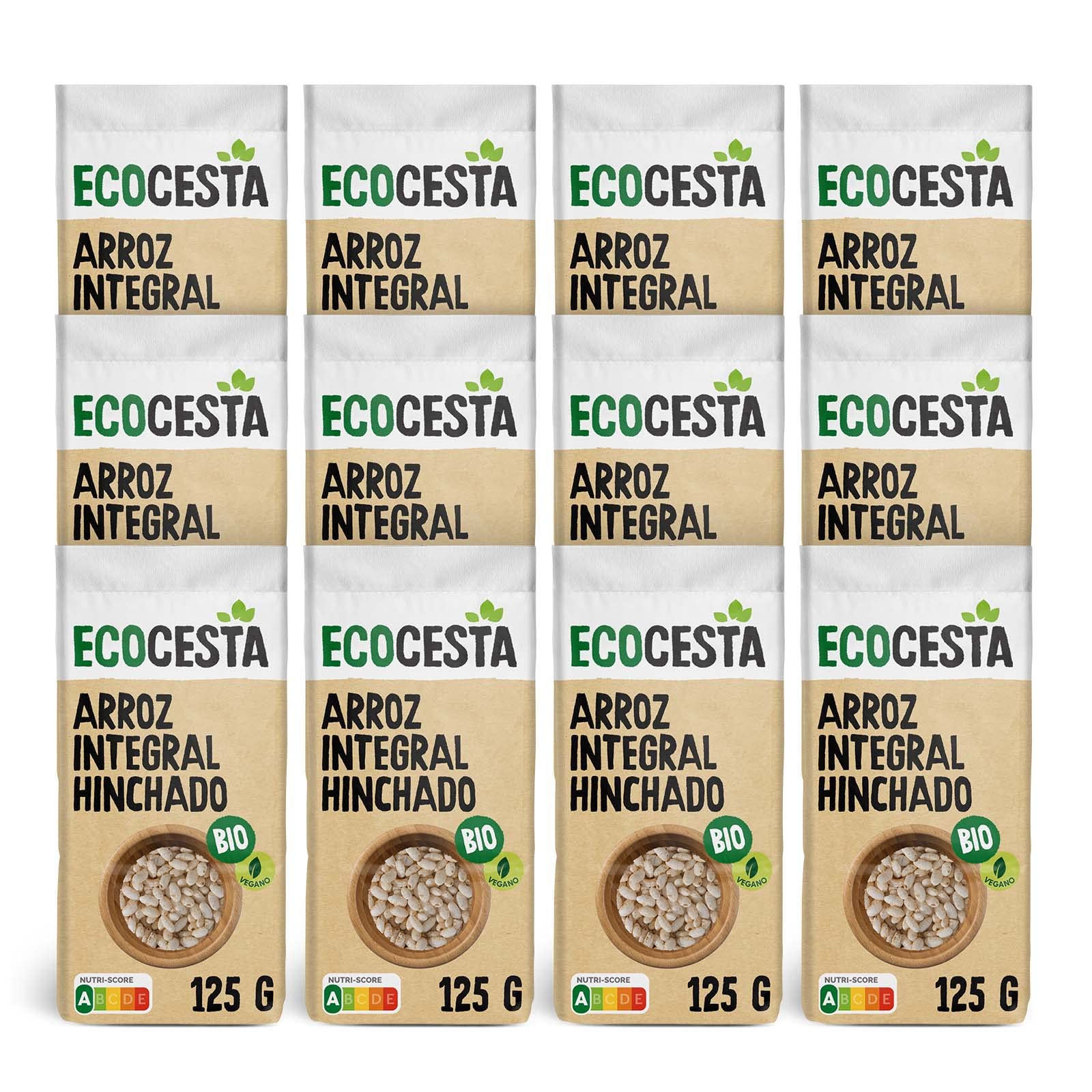 Ecocesta - Pack de 12 Unidades de 125 g de Arroz Integral Ecológico Inflado - Sin Azúcar Añadido - Ayuda a Mejorar el Tránsito Intestinal - Apto para Veganos