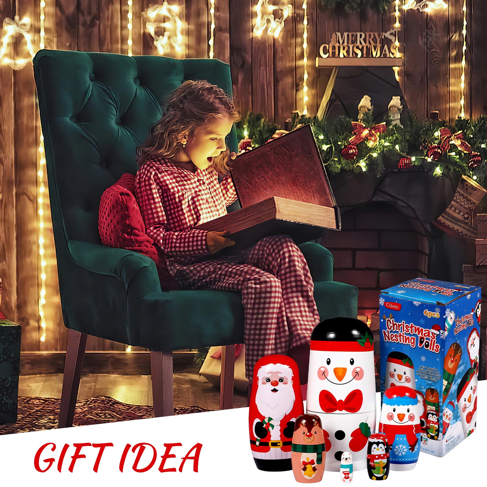 6 Pcs Noël Poupées Russes Poupées empilables en Bois Faites à la Main Poupées Russes gigognes Poupées Matryoshka Jouet pour la décoration de Noël Enfants Anniversaire Fête Cadeaux
