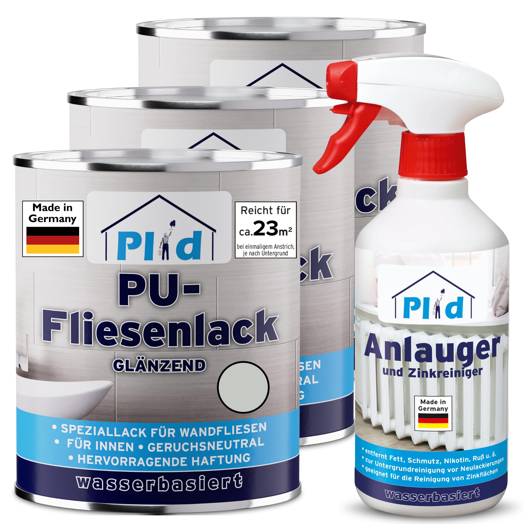 Plid® Pintura para azulejos de baño y cocina [resistente a la humedad] barniz para azulejos gris claro 2,25 l para baño – repintar y pintar azulejos en interiores – 3 en 1 – Juego de pintura para