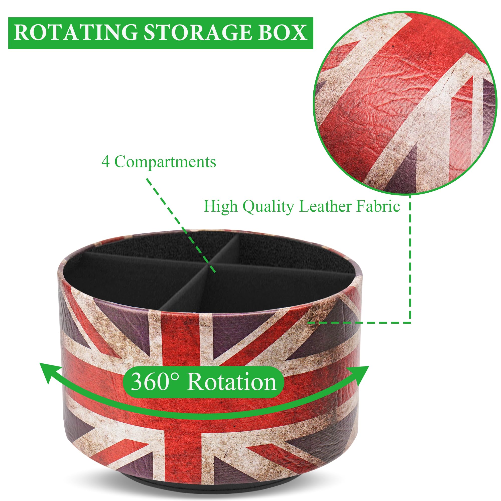 Czzmy Round Leather Art Supply Organizer,Remote Control Holder,360 Degree Spinning,Multi-Functional Pencil Holder,4 Compartments Desktop Stationary Organizer(1-UK Flag) - Image 3