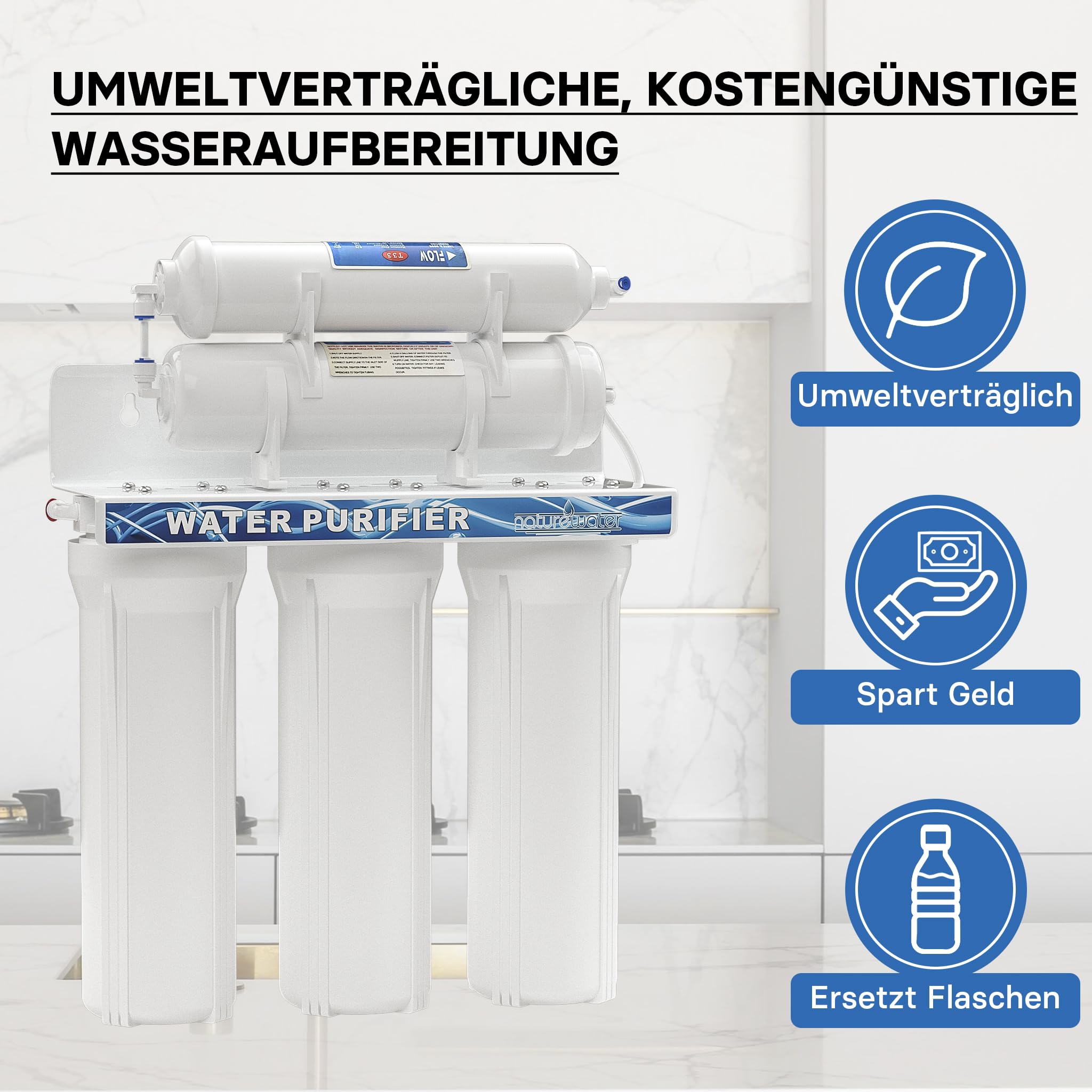 Naturewater NW-PR305 5 Stufen Wasserfilter, 5 µ, PP Kartusche, Untertischfilter Wandhalterung, Filterschlüssel, Sedimentfilter Aktivkohle, Wasserhahn, 2,5m Schlauch, Kurzdreiwegeventil, Kugelhahn