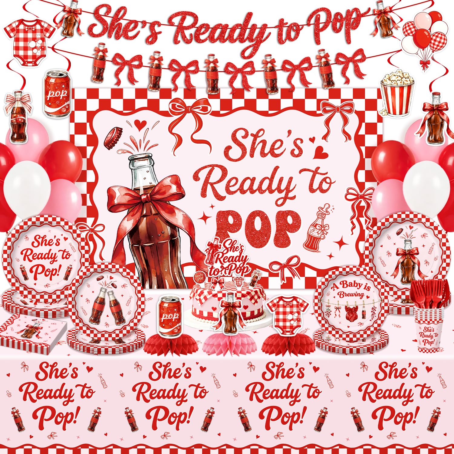 182 Pcs She's Ready to Pop Baby Show Party Decorations(Serves 24), Ready to Pop Baby Shower Decorations Include Banner Hanging Backdrop Plates Napkins Cups Forks Tablecloth Topper Balloons for Party