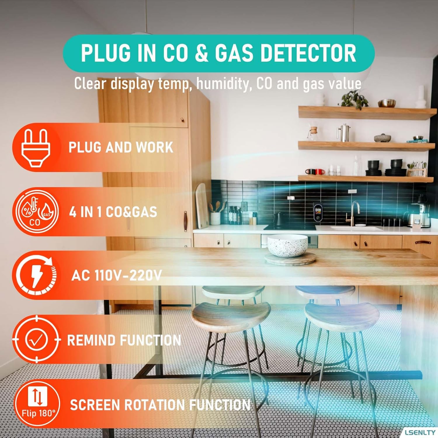 Combination Natural Gas Leak Detector and CO Detectors, 4-in-1 Plug-in Wall Design Carbon Monoxide & Gas Detector with HD Screen & Indicator Visual & Audible Sound for Home, Kitchen, 2 Pack