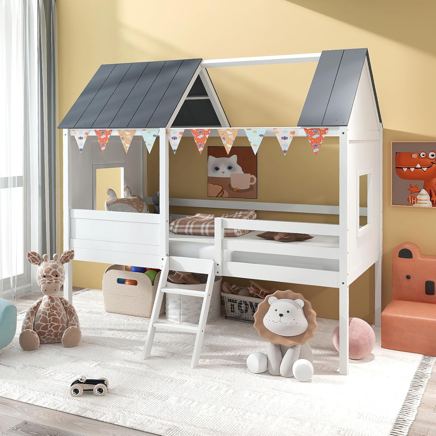 KOMFOTT Twin House Bed, Wood Kid’s Low Loft Bed Frame with Guardrails, Ladders & Storage Space, Wooden Playhouse Bed Frame with Windows & Roof for Boys and Girls, No Box Spring Needed (White)