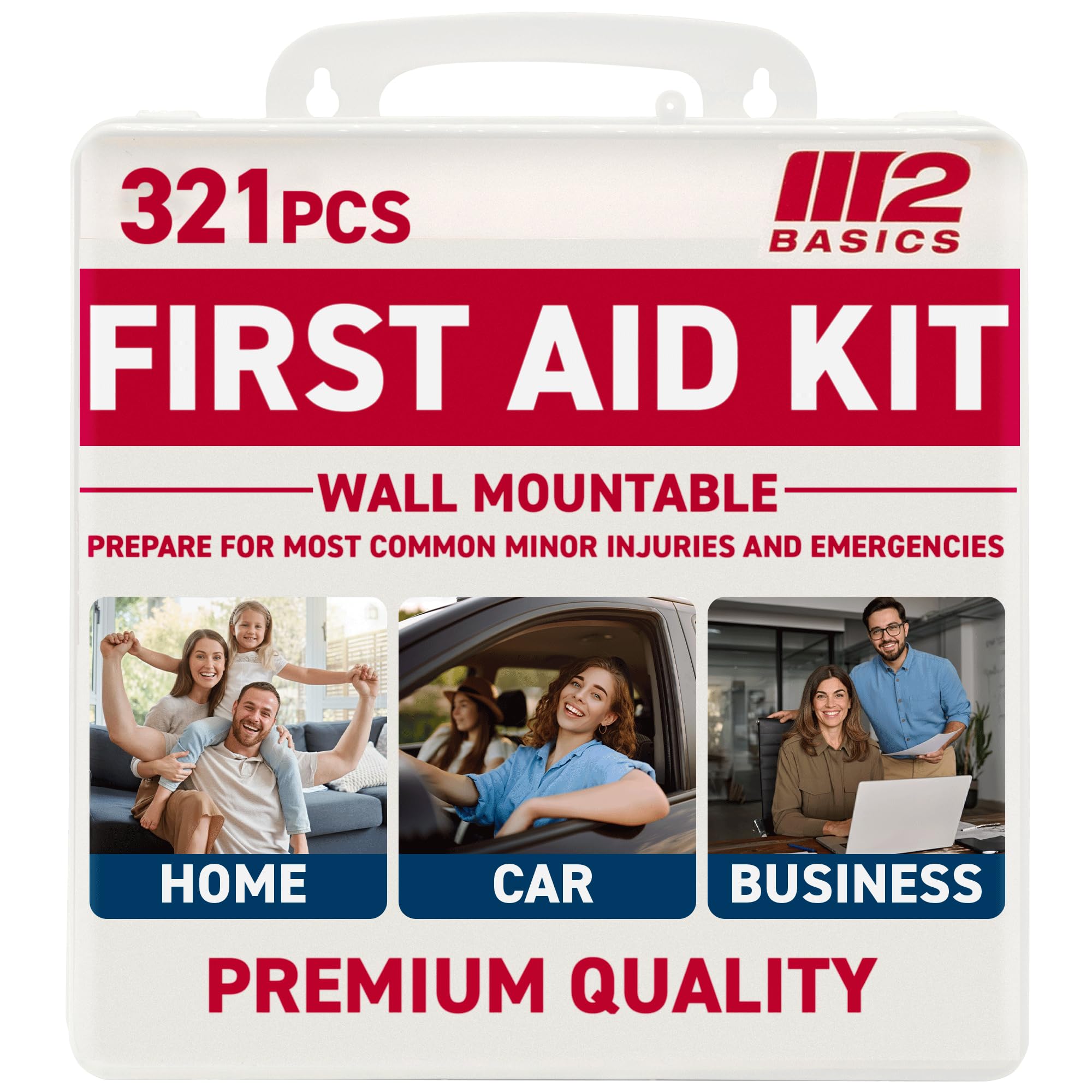 M2 BASICS Premium 321 Piece First Aid Kit - First Aid Kit for Home, Car, Business, Office, School, Travel, Camping, Outdoors - Emergency Medical Supplies, Durable Portable Hard Case