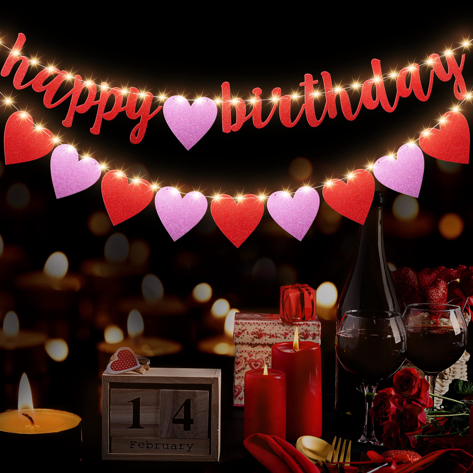 Rote & Rosa Glitzer Happy Birthday Banner – Valentinstags Herz-Girlande Für Wanddeko & Fotonintergrund | 3 Meter Lang Mit Personalisierbarer Herzkarte