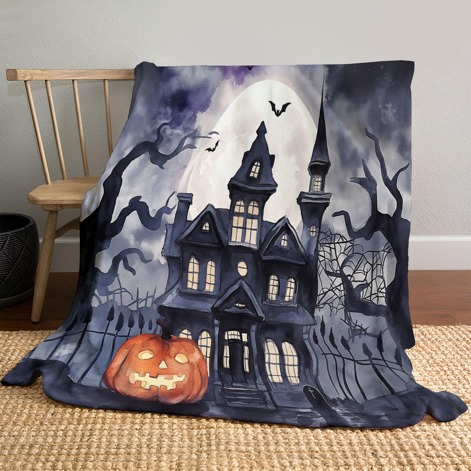 Plaid Halloween grand format 220 x 240cm couverture douillette canapé citrouille hantée