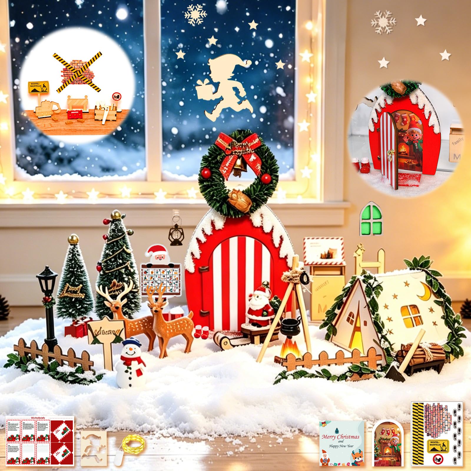 71 Stück Wichteltür-Set mit Zubehör, beleuchtete Weihnachtswichtel-Tür | Weihnachtswichtel Tür Set mit Licht, mit Wichtel Schablone, Feentür Wichtel Set,Wichteltür Komplettset mit 3D Zelt für Advent