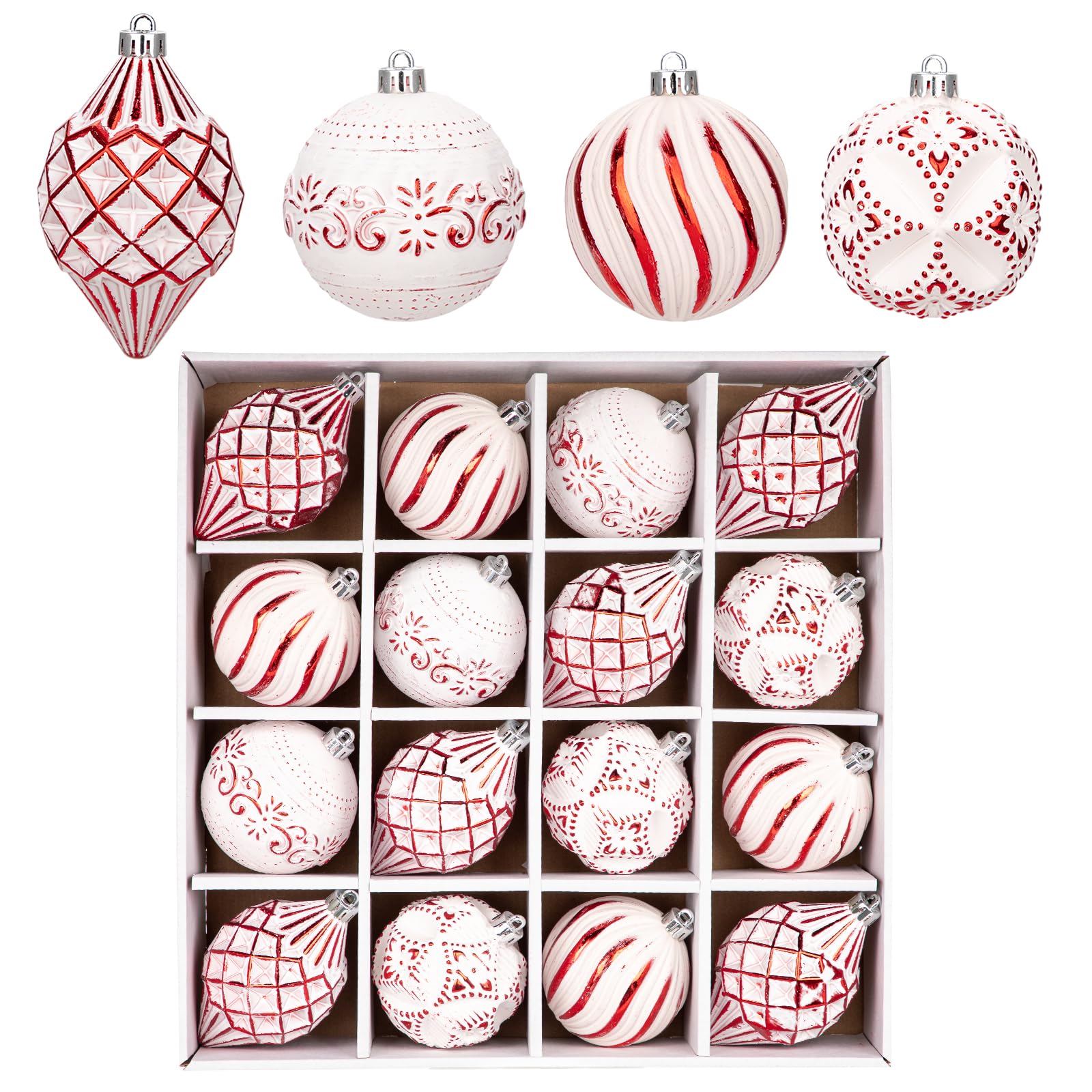 Oairse 16 Pcs Christmas Tree Baubles Set Shatterproof Xmas Ball Ornaments in Assorted Sizes Christmas Decorations for Tree Rustic Thanksgiving Holiday Wedding Party Home Decor, Red and White