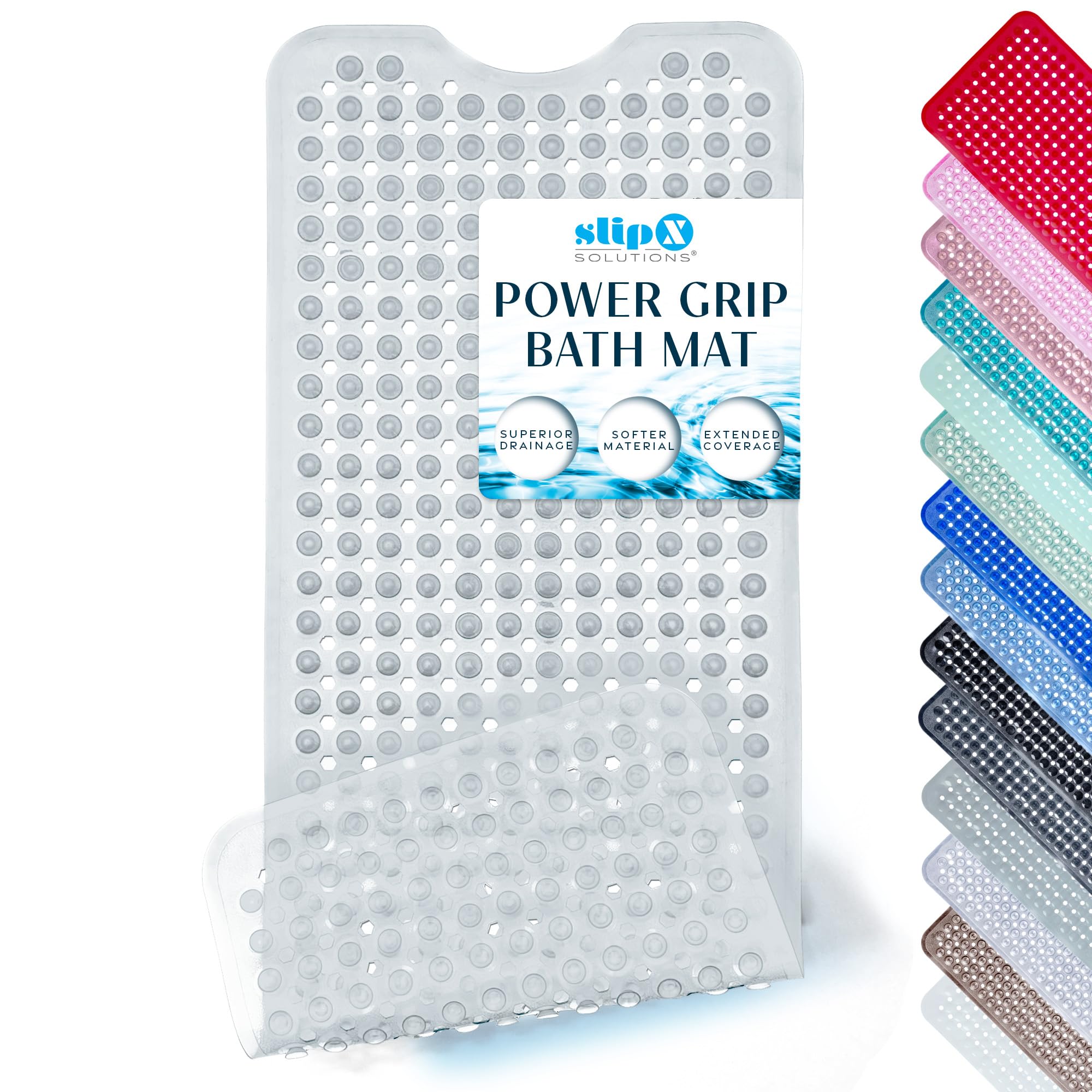 SlipX Solutions Power Grip Bathtub Safety Mat | Precision Grip Technology for Longer, Stronger, & Softer Wet Surface Protection | Transparent 39"x16"
