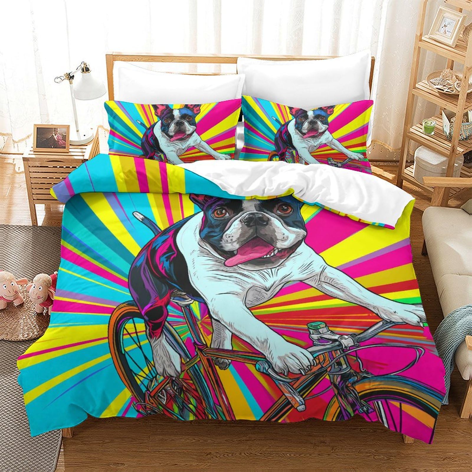 Housse de couette 200x200 bouledogue français 3D avec taie d'oreiller