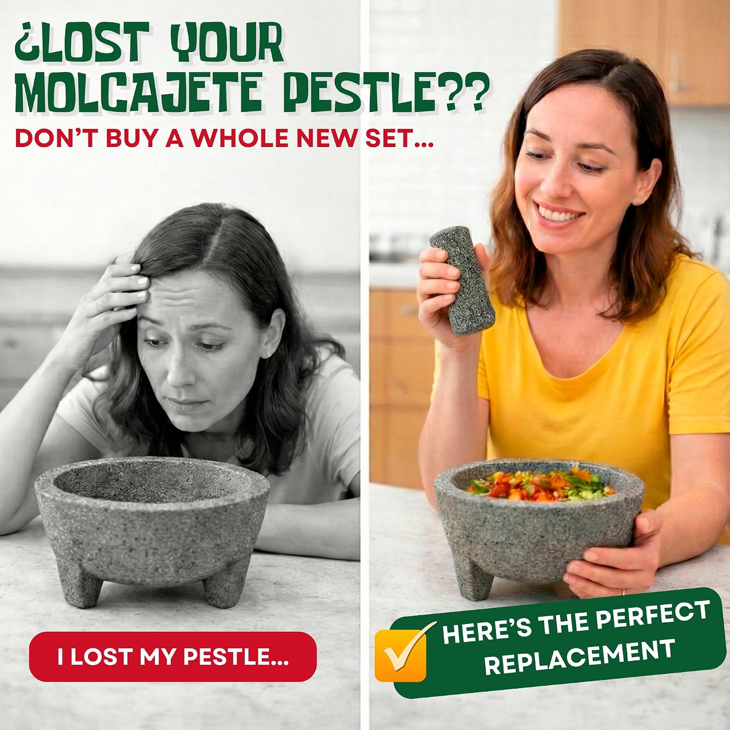 Pestle Replacement Authentic Volcanic Rock Pestle Only Original Tejolote for Molcajete Mexicano, Handmade 4-Inch Stone Grinder for Salsa, Guacamole, Spices, and Mexican Kitchen Traditions Use