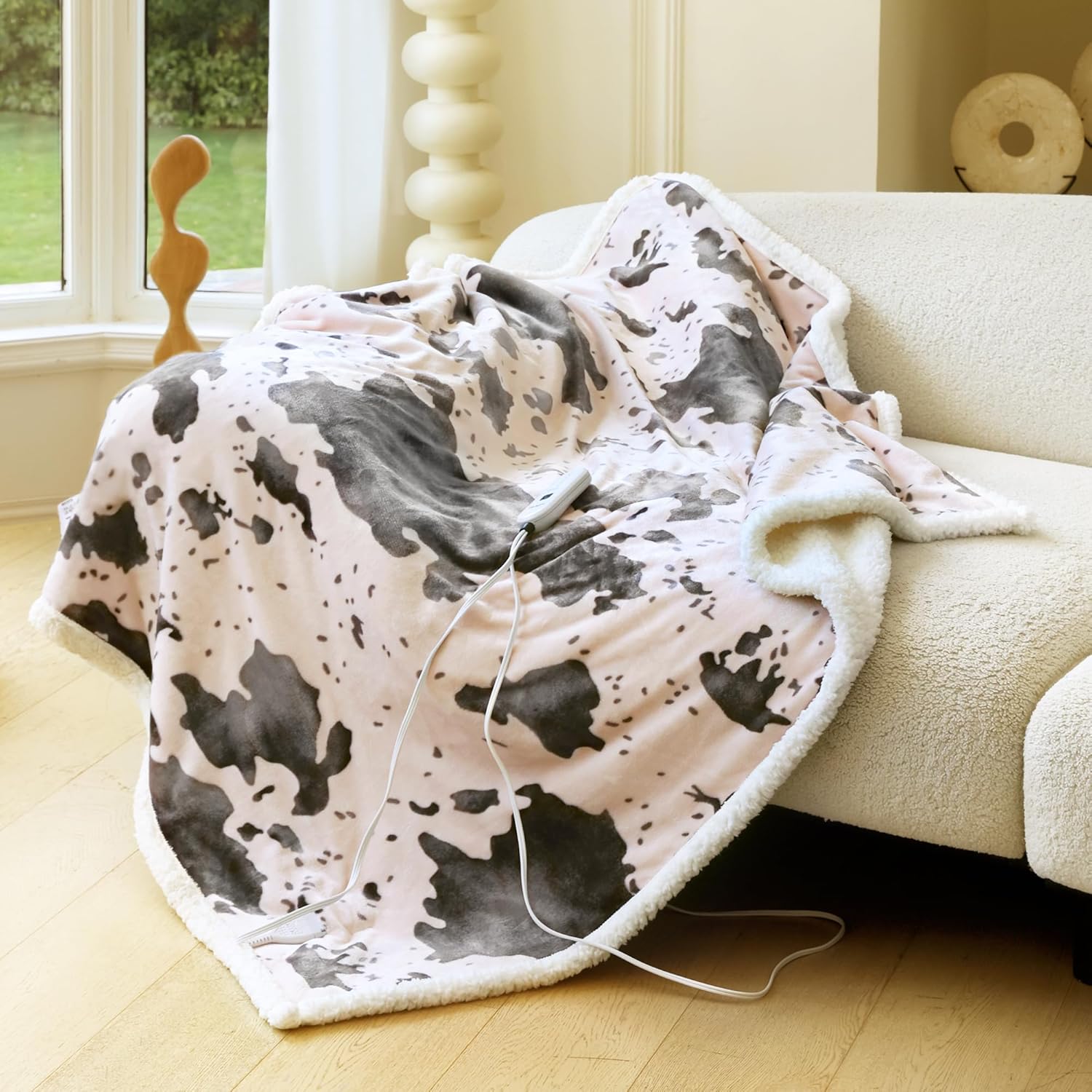 Cow Print Heated Throw Blanket Electric Blanket-Heating Blanket Throw with 10 Heat Levels & 10 Hours Auto-Off, Cozy Soft Fleece Sherpa, Washable, 50 x 60 Inches Cow Print Light Coral - Image 2