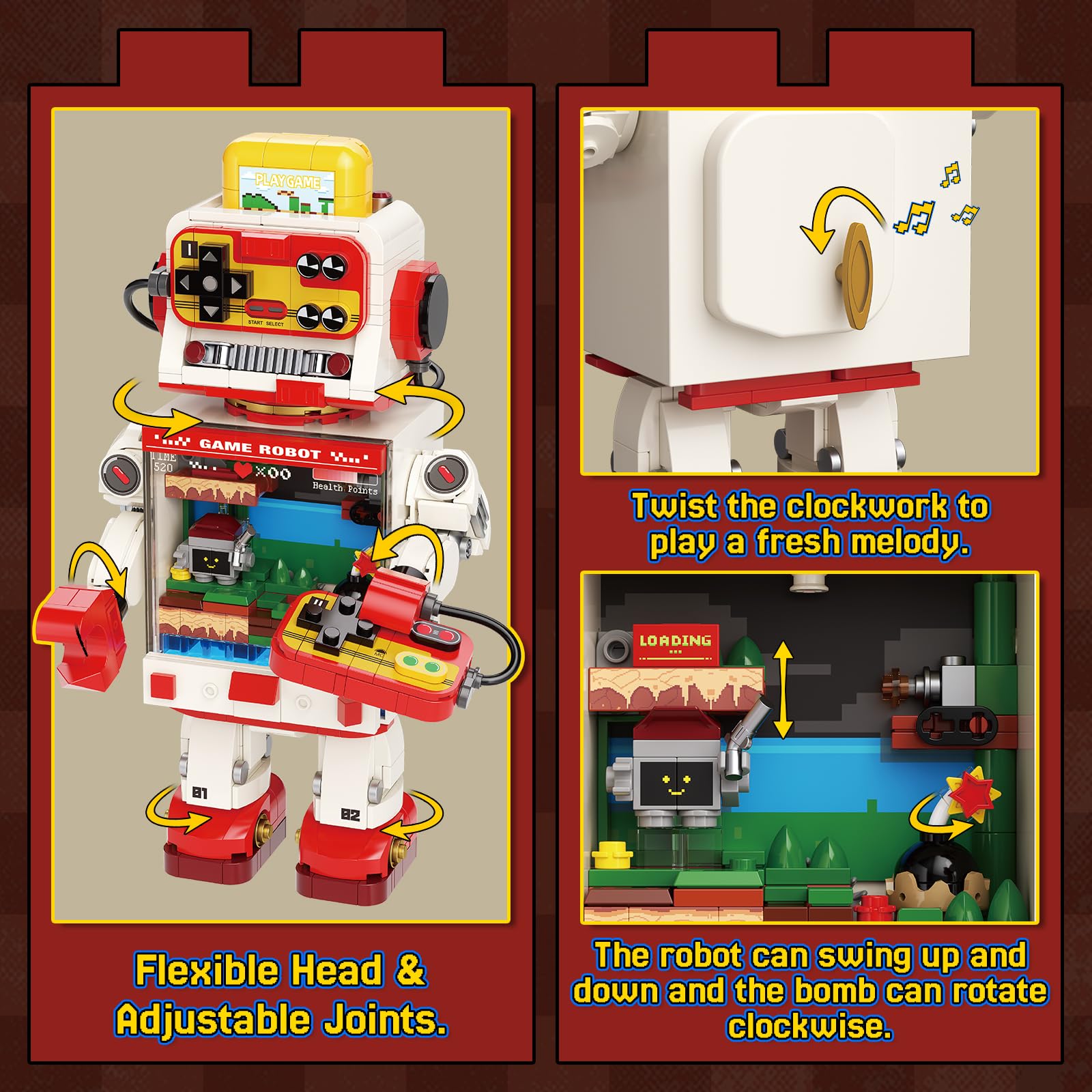 Fantastica idea gioco robot Building Block, giocattoli da costruzione retrò per console di gioco, collezione in stile pixel e display kit modello fai da te, regali creativi per adulti e
