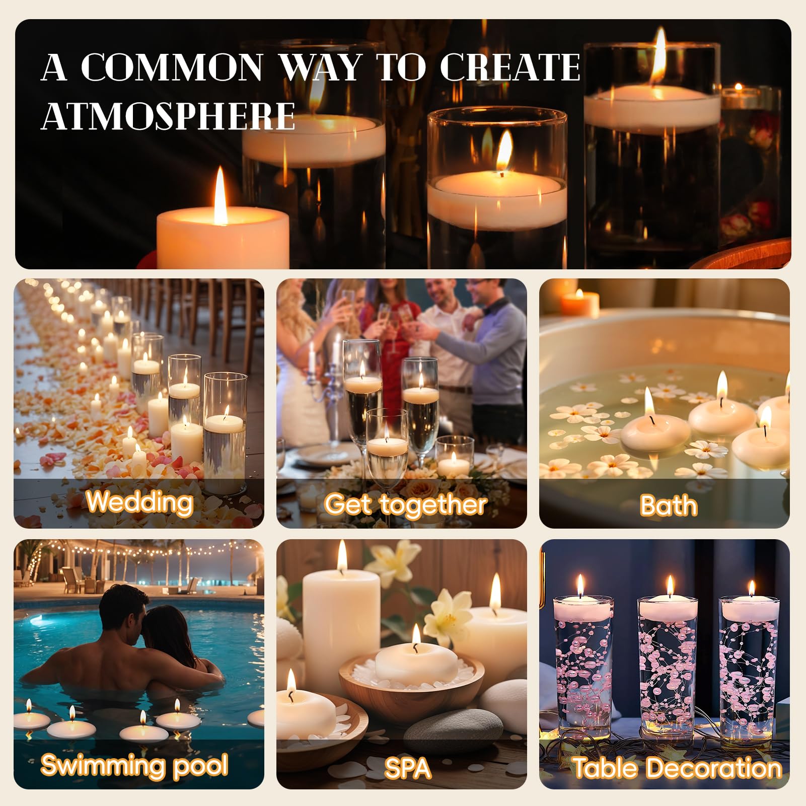 Velas flotantes blancas de 3 pulgadas, paquete de 60 velas flotantes sin perfume para centros de mesa, 8-9 horas, velas flotantes activadas por agua a granel para jarrones cilíndricos, día de
