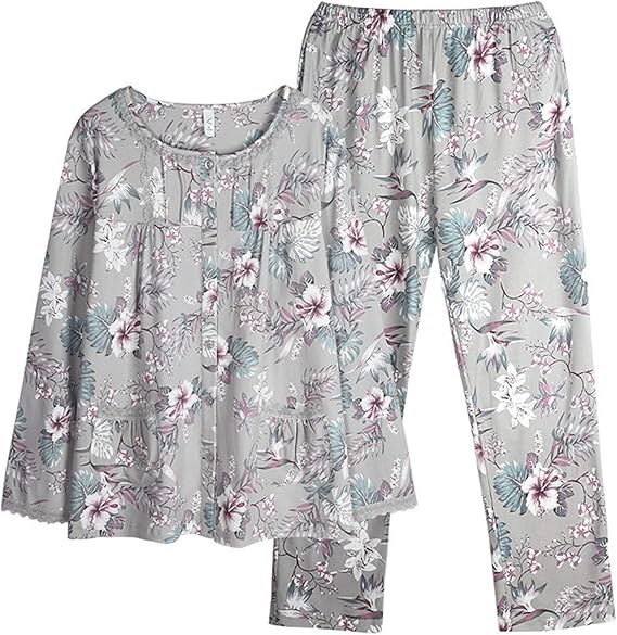 Amazon コットン レディース 二点セット 大きい 30代 40代 50代 パジャマ 部屋着 柔らかい 薄手 寝間着 寝巻き 上下 長ズボン 花柄 春 夏 秋 通気 吸汗 ゆったり 快適 洗濯可 外泊 旅行 お風呂上り 女性 パジャマ ルームウェアセット 通販