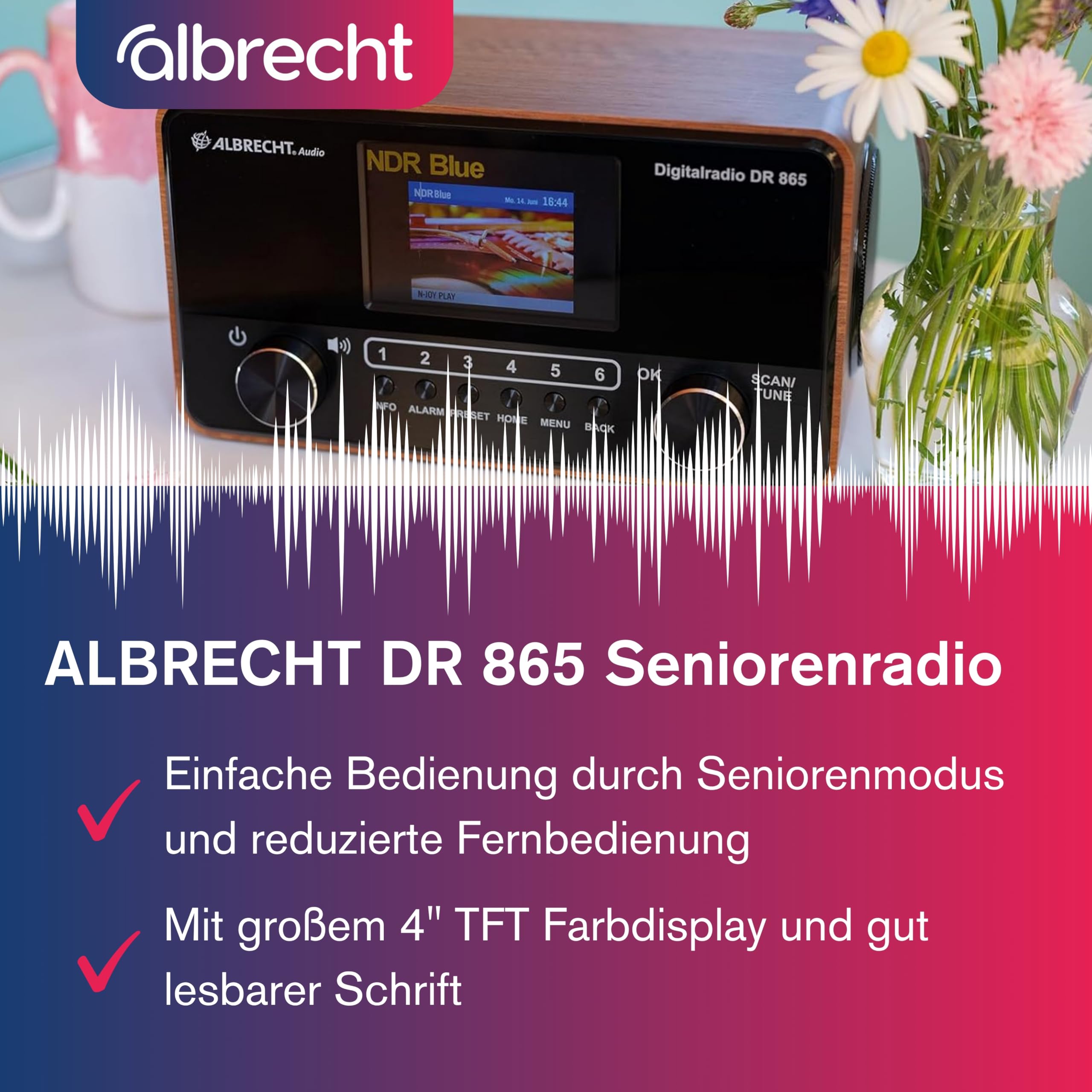 Albrecht DR 865 Senioren-Radio mit 4" Farbdisplay, rauschfreies DAB+ Digital-Radio mit brillantem Klang, seniorengerechte Bedienung, Kompakt-Anlage, mit ASA-Warnmeldungen