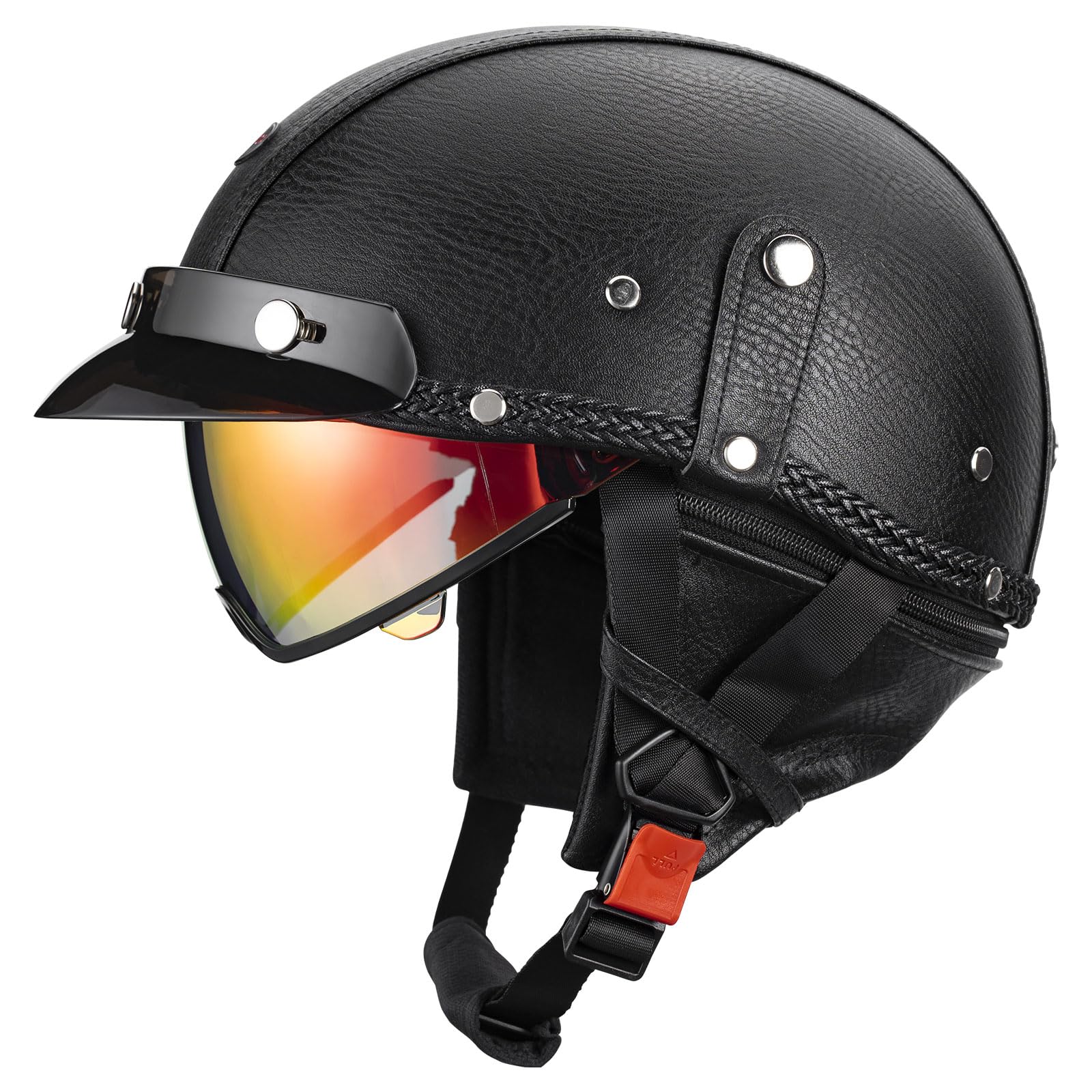 black leather motorcycle helmet Amazon.com: QUICKOOL Half Helmet Motorcycle Men Women Adult Open Face Motorcycle  Helmets with Sun Retractable Visor DOT Certified (Black-Colorful Visor,M) :  Automotive