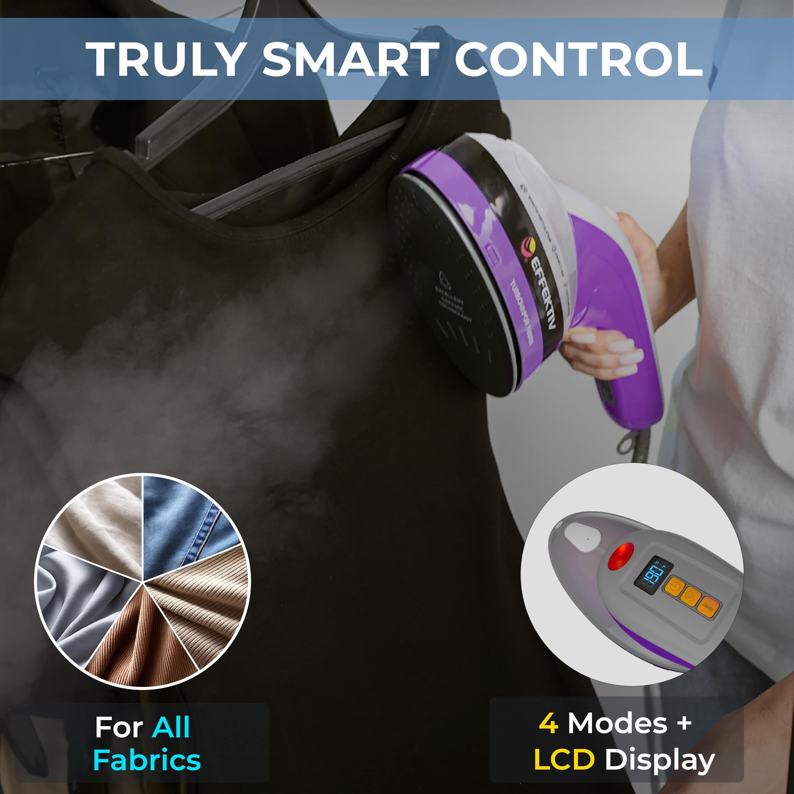 EFFEKTIV 1050X Żelazko Pionowe Steam 3 w 1, Ciągły Steam 400mg/min, Ręczny parowiec 1600W, Steam do odzieży Portatil, Zbiornik 250ml, 4 tryby cyfrowe LED, podeszwa ceramiczna, Automatyczne wyłączanie,