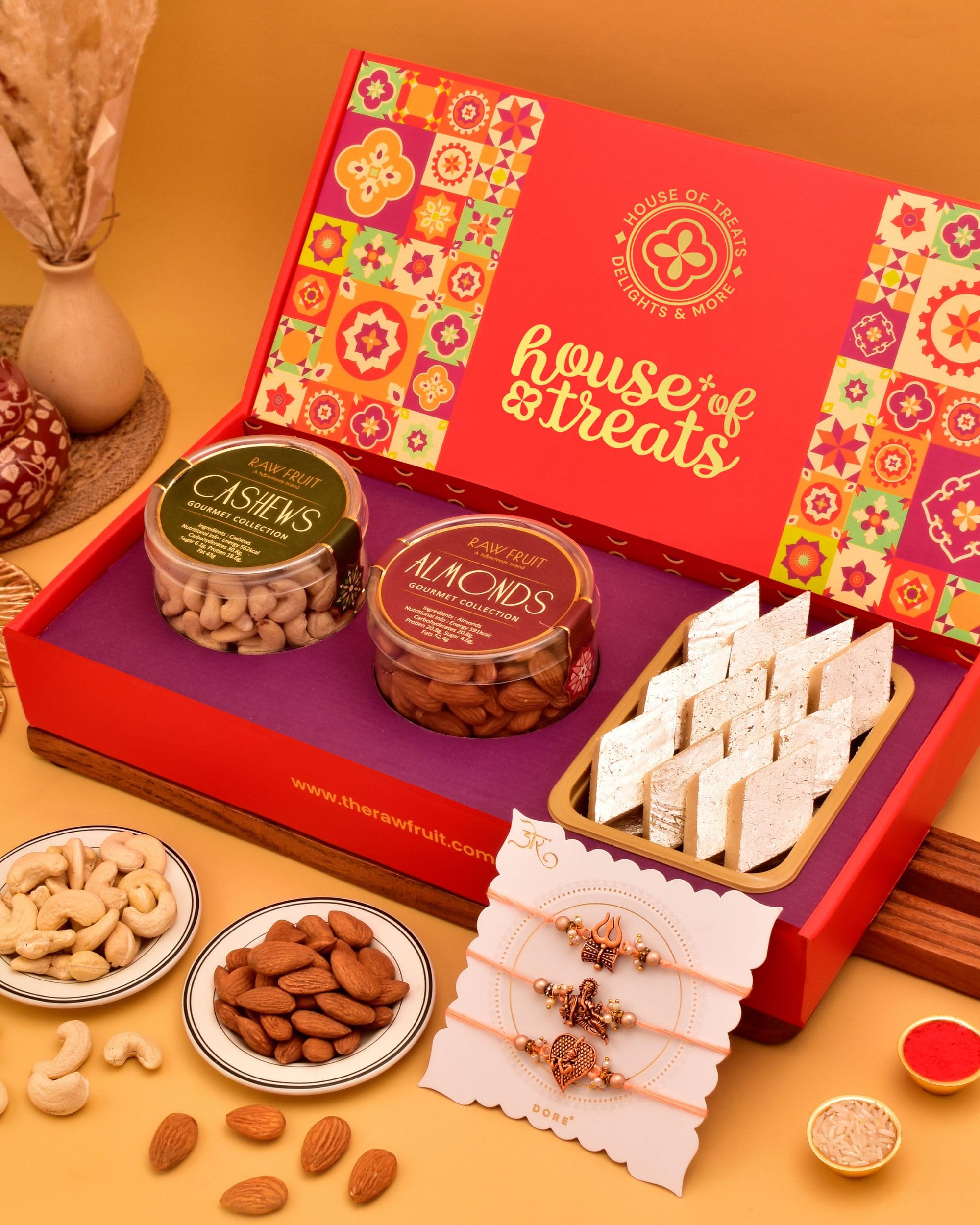 Hyperfoods® Rakshabandhan Set For Brother with sweets Rakhi With Dry Fruits Combo Sweets For Brother Dryfruits Cashew Almond 250g Kajukatli Trinity Rakhi Set of 3 With Roli and Rice-image-44