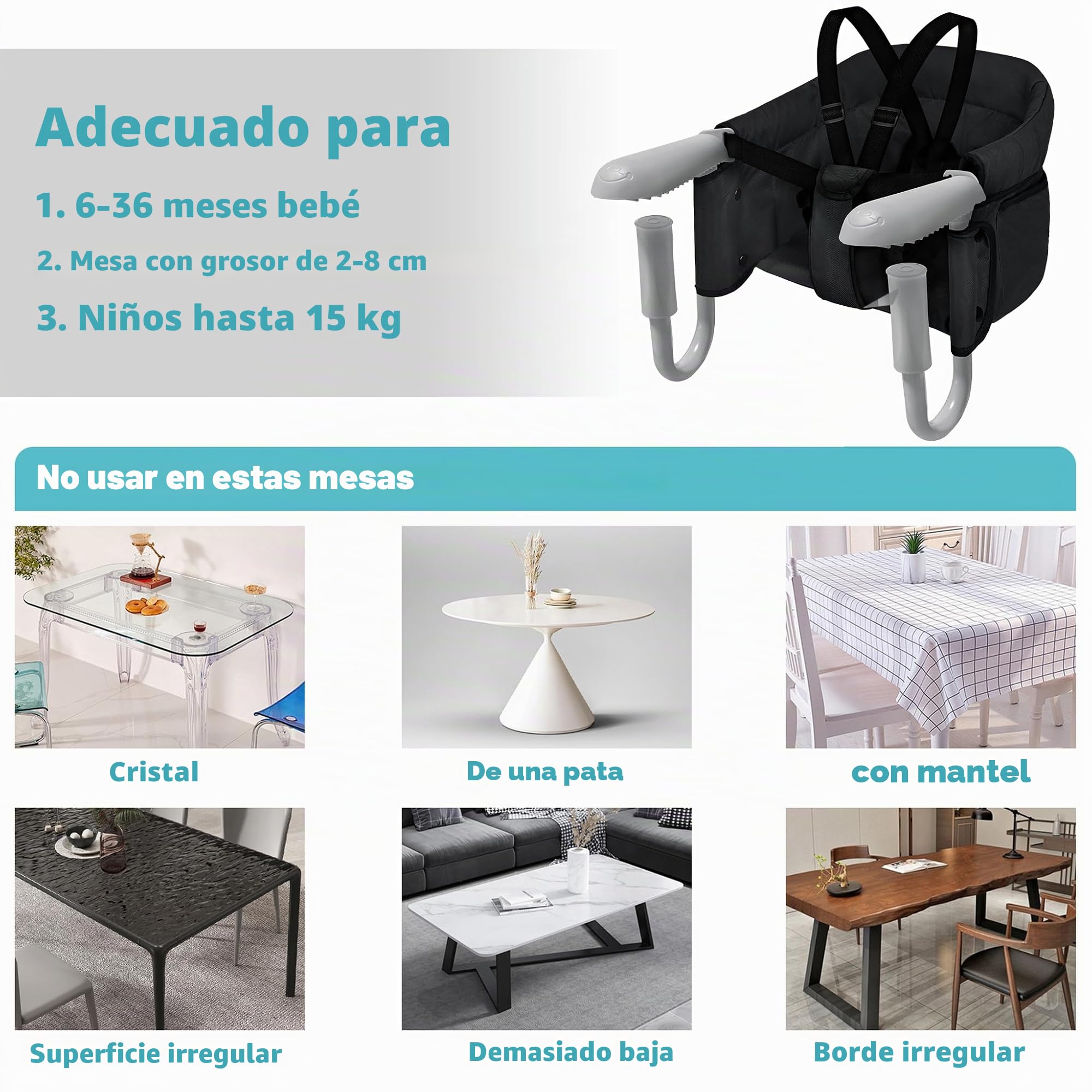 UISEBRT Asiento de mesa plegable para bebé, silla elevadora para bebé, con pinzas antideslizantes y cinturón de seguridad, trona portátil para niños y viajes, color negro