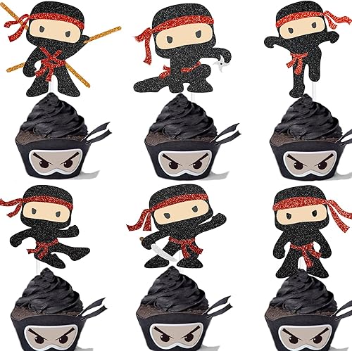 18 piezas de adornos para cupcakes de ninja con temática de fiesta de cumpleaños para niños y niños