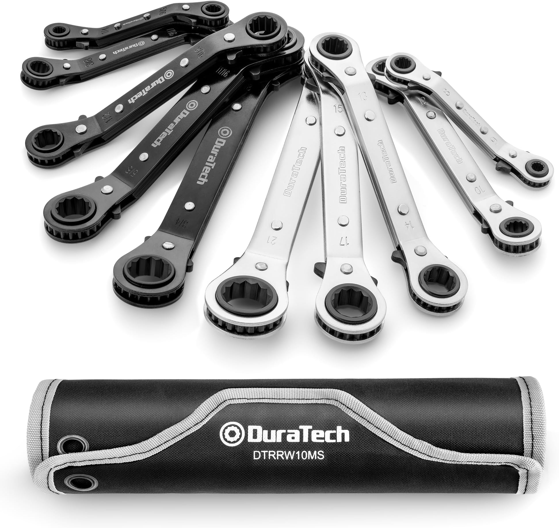 10-Piece Reversible Ratcheting Wrench Set, Offset Double Box End Wrench Set, SAE & Metric, with Rolling Pouch