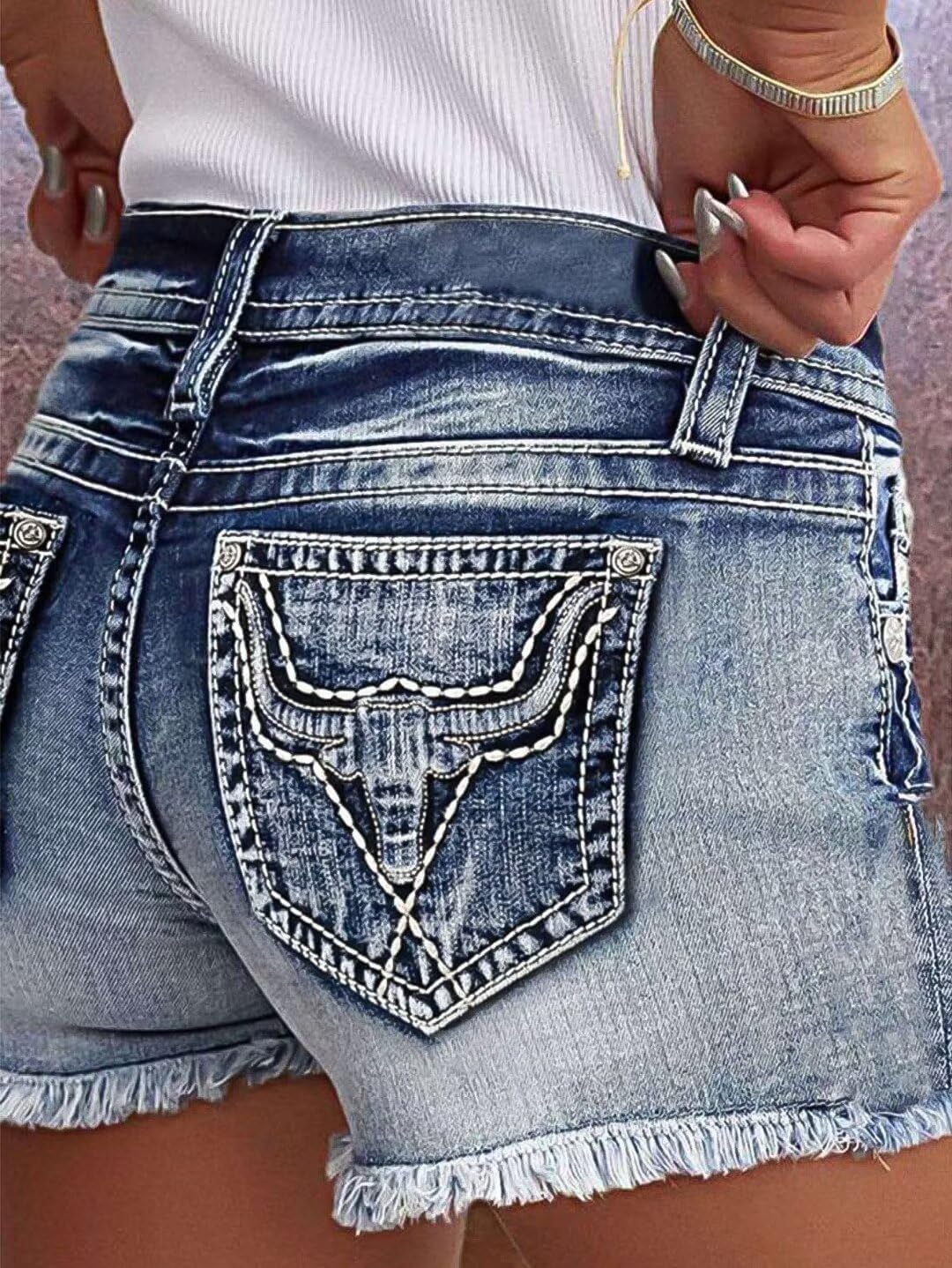 Flamingals Jean Shorts for Women Mid Waisted Stretchy Ripped Denim Shorts Raw Hem Curvy Summer Trendy - Image 5