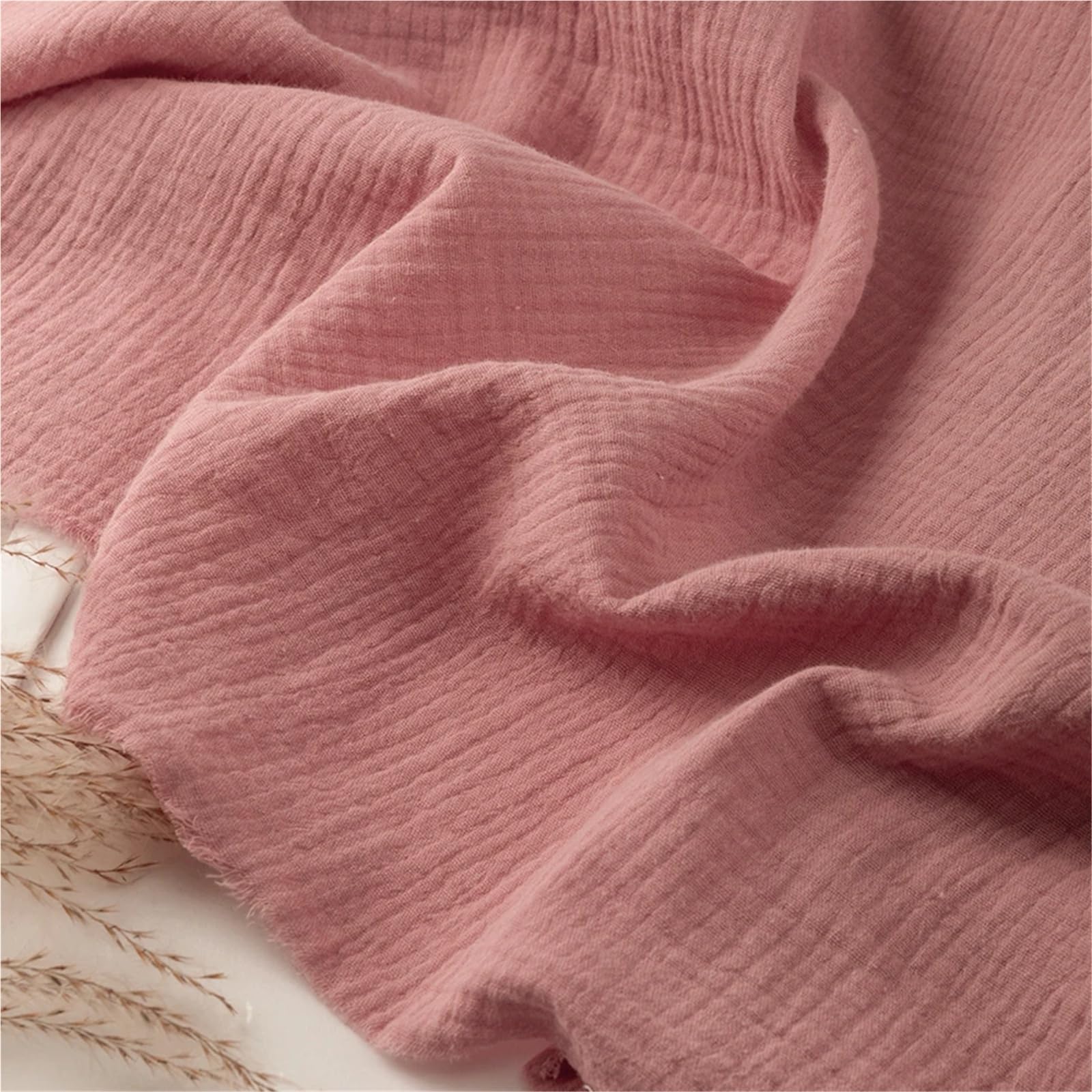 Tela de gasa de algodón de doble capa arrugada para costura, manualidades, camino de mesa, decoración para fiestas, bodas, tela de gasa para coser (rosa sucio, 300 x 135 cm)