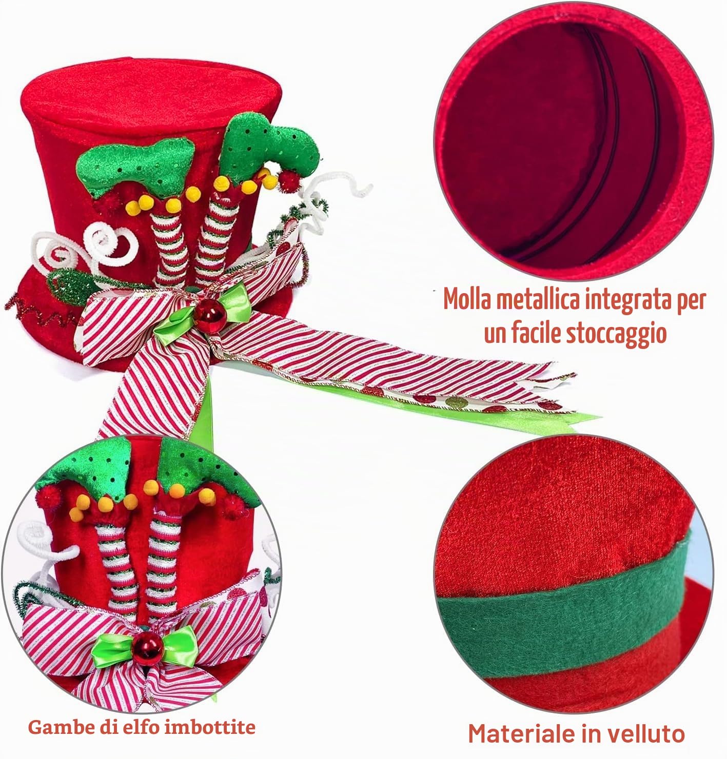KAHEIGN Punte per Albero di Natale, 25CM Grande Rosso Puntale per Albero di Natale Cappello a Cilindro con Gambe da Elfo e Nastro a Strisce per Casa Natale Inverno Festa Decorazione Desktop Ornamenti