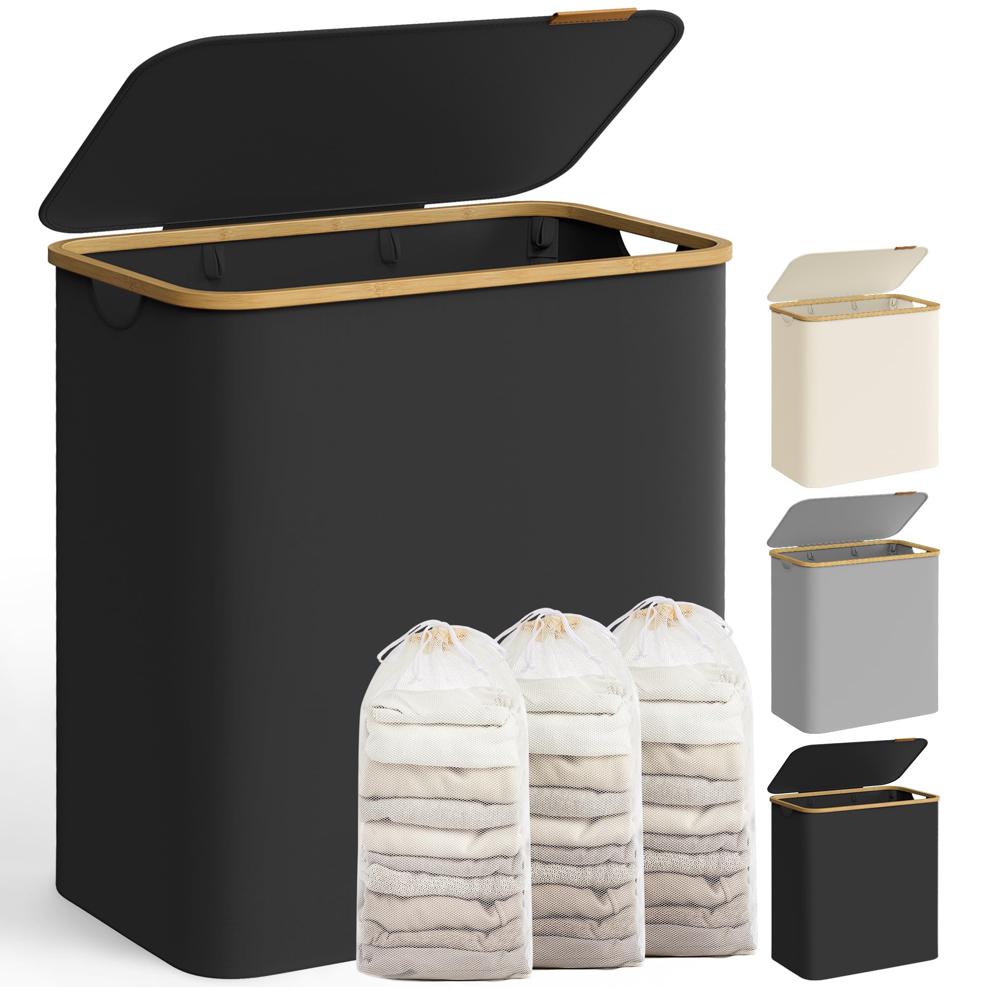 SONGMICS Wäschekorb mit Deckel Wäschesammler mit 3 Fächern 150 L herausnehmbarer Wäschesack Oxford-Gewebe Griffe aus Bambus zusammenklappbar 60 x 38 5 x 70 5 cm tintenschwarz LCB515B01