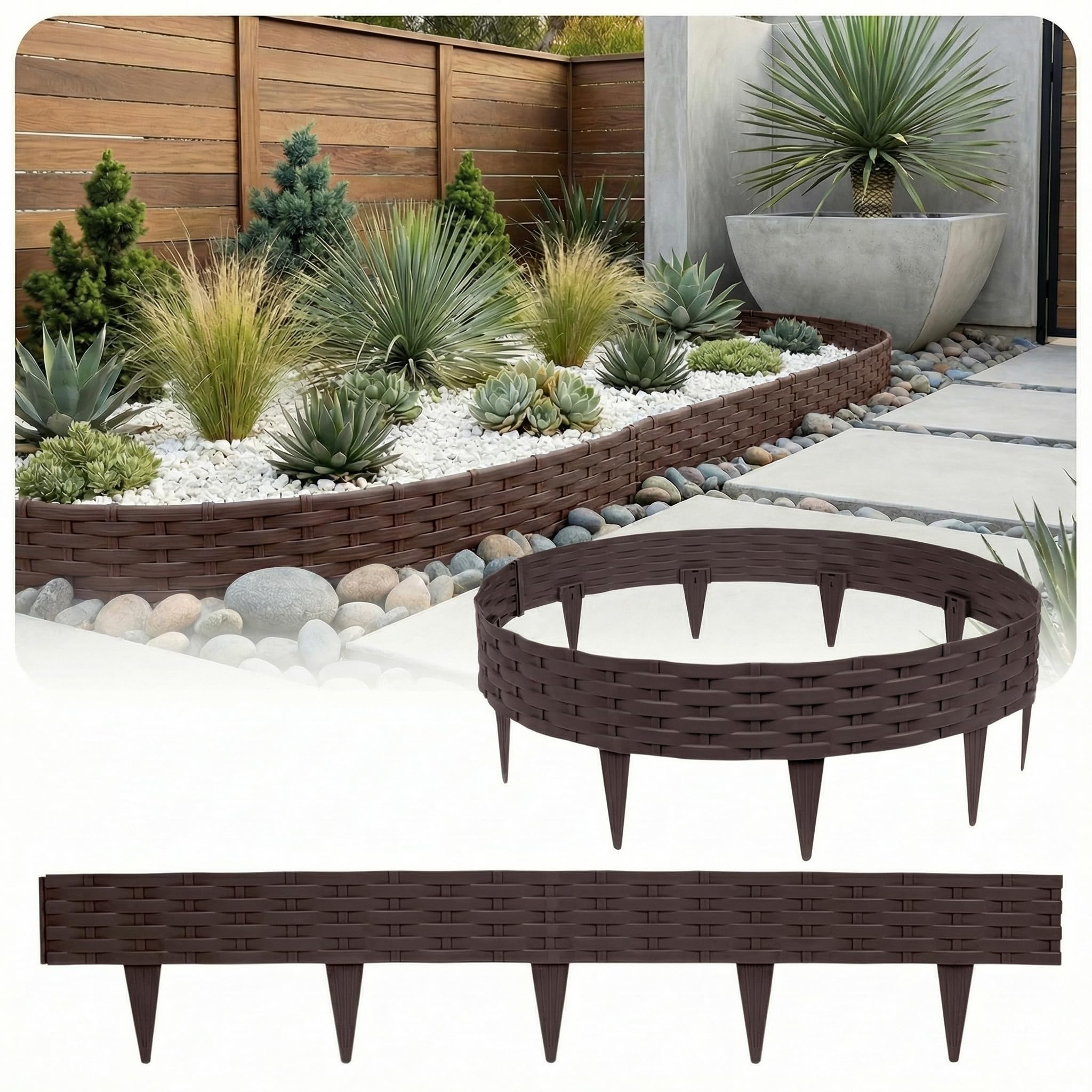 Borde de césped de plástico con aspecto de piedra, 10 unidades, 10 m, borde de bancal y borde de parterres, resistente a la intemperie y a los rayos UV, color marrón