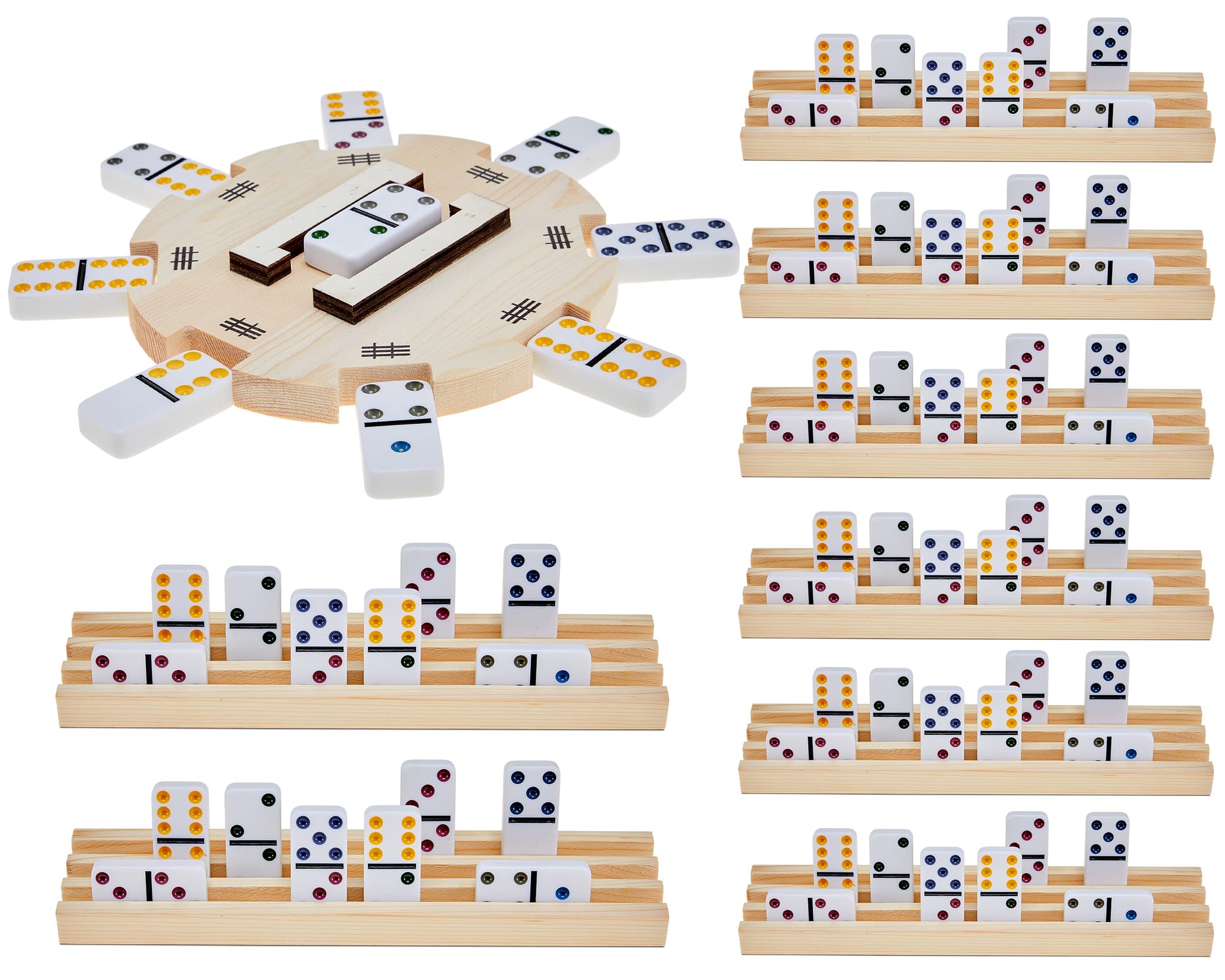 Poen Dominoes Mexican Train Hub with 8 Pieces Wooden Domino Racks Mexican Train Hub Domino Trays Holders Organizer for Xmas New Year Mexican Train Chicken Foot Combo (Do Not Contain Dominoes)