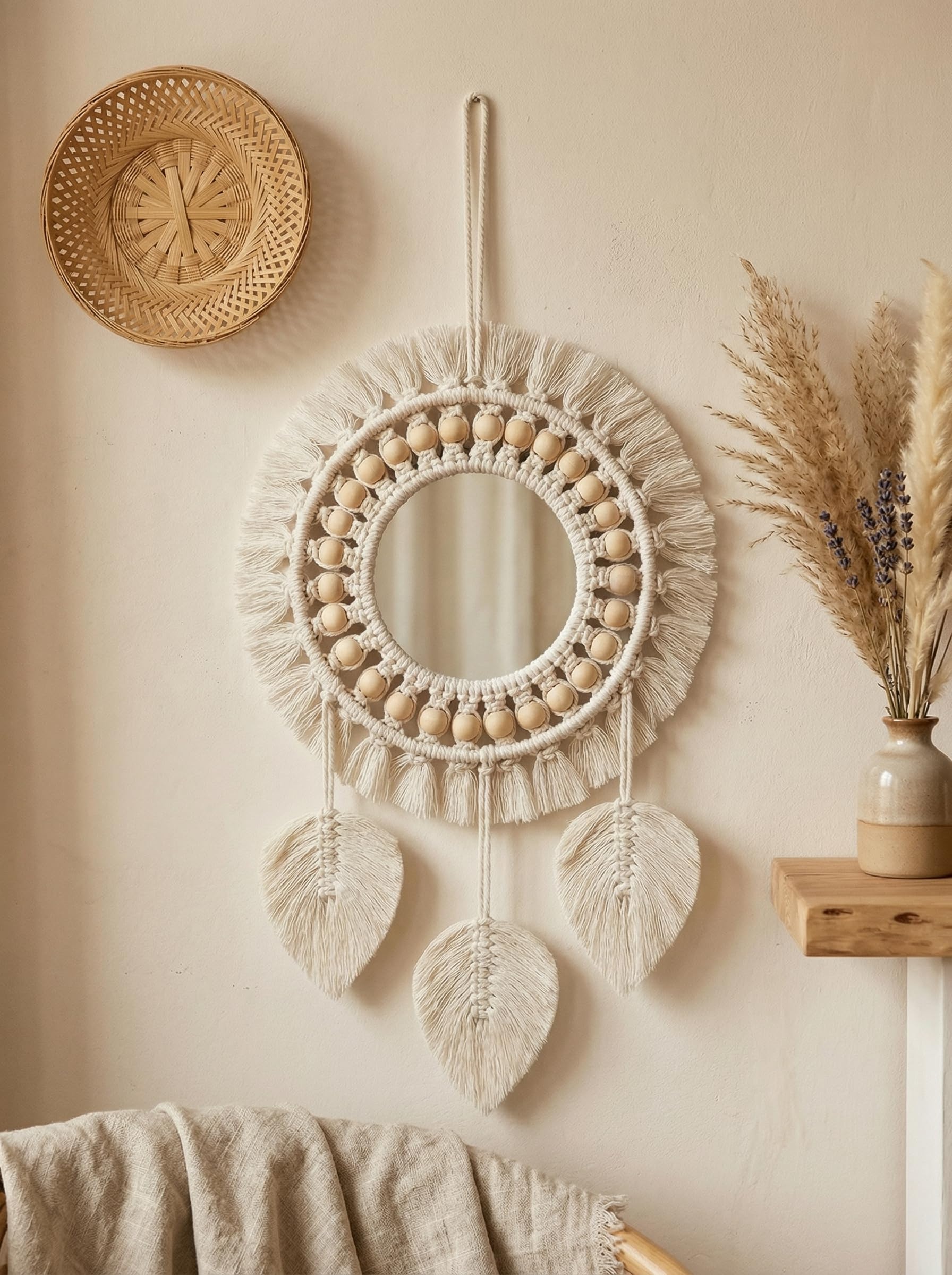 JH Gallery Macrame Wall Decor Mirror – Round Cotton Rope Boho Hanging with Fringe & Beads for Stylish Home Decor, Macrame Wall Mirror for Bedroom, Living Room and Office Decor.(White)-image-22