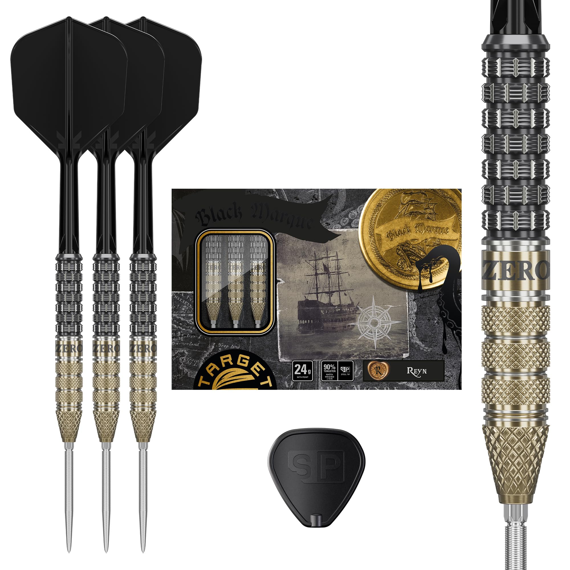 Target Japan Black Marque Reyn 90% Tungsten K-Flex Swiss Point Ensemble de fléchettes à Pointe d'acier, 24G | Vol de fléchettes KFlex, Nano-Pointes suisses, Pointes de fléchettes en Acier Noir et Or