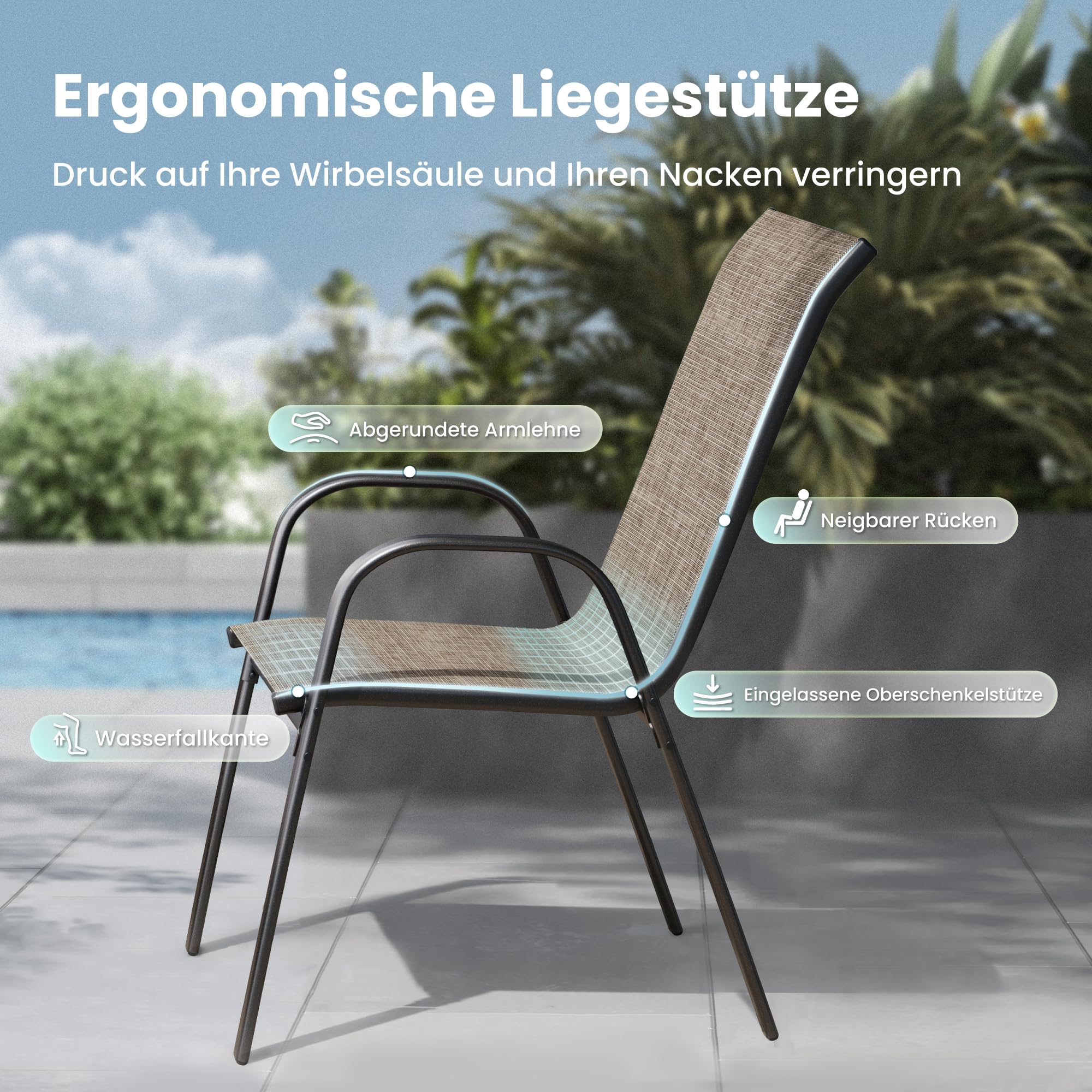 PHI VILLA Gartenstühle 6er Set, Gartensessel Stapelstühle Hochlehner, Wetterfest Terrassenstühle aus Textilene und E-Beschichtung Metall für Terrasse Veranda Hinterhof Poolbereich