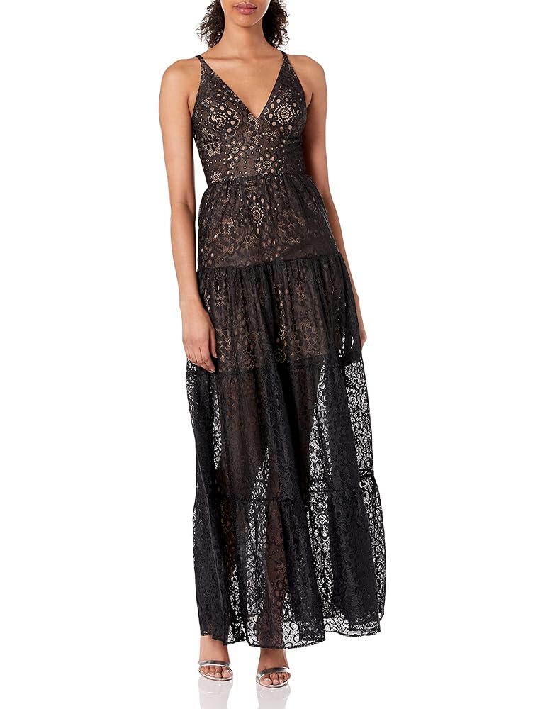 Dress the Population Women's Melina Plunge LACE Maxi Dress