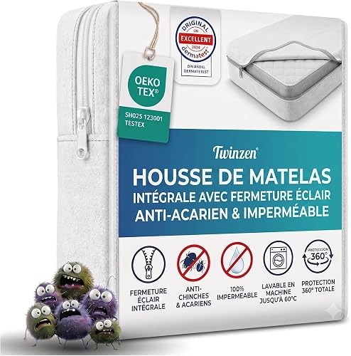 Twinzen - Housse Matelas 160x200 x 20 cm Anti-Acarien et …