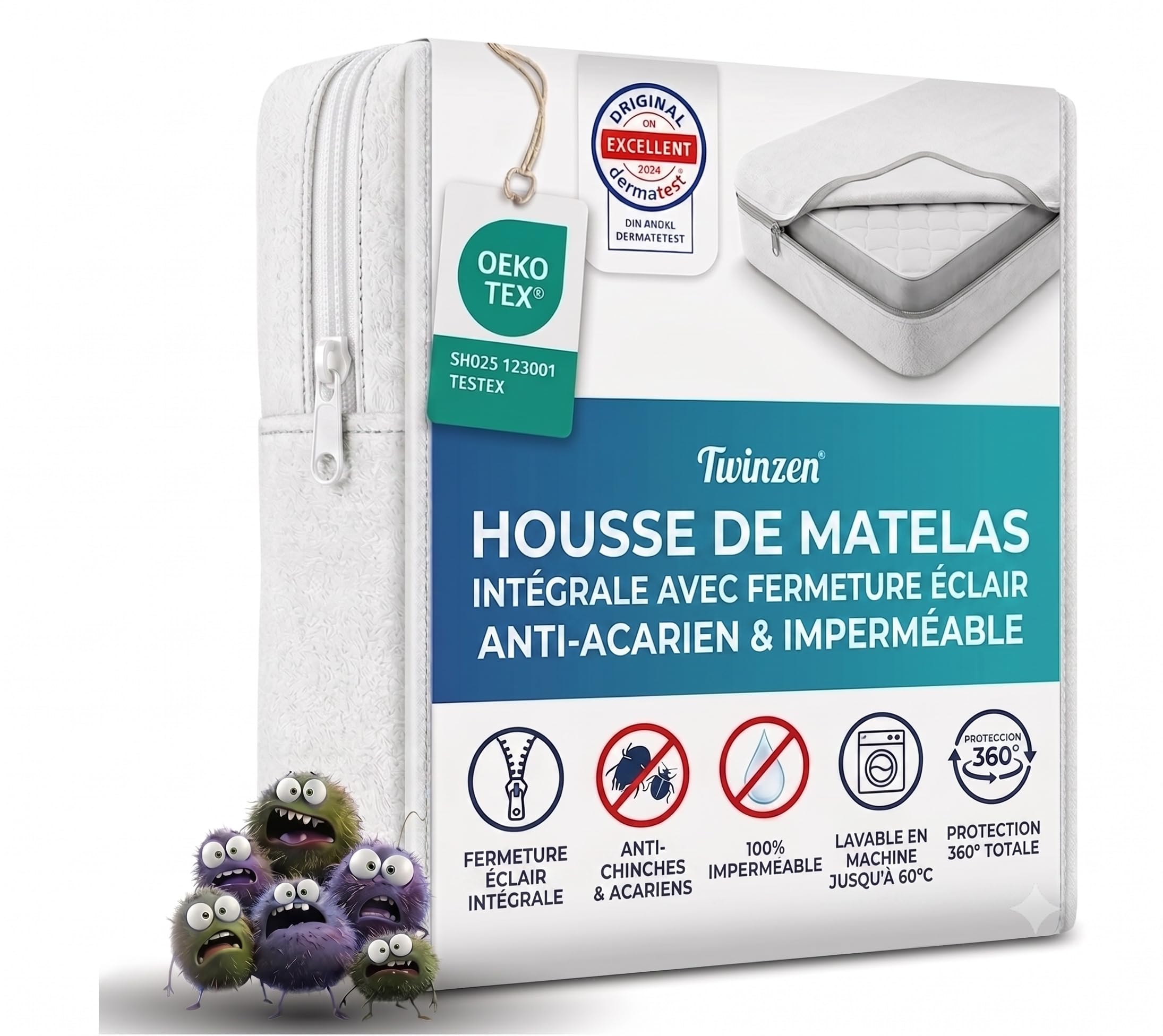 Twinzen - Housse Matelas 140 x 190 x 25 cm Anti-Acarien et Punaises de Lit - Housse de Matelas 140x190 cm avec Fermeture Éclair - Bi-Ome et Oeko-Tex
