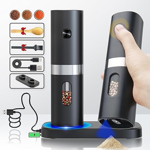Juego de molinillo eléctrico de sal y pimienta, recargable con base recargable, 2 molinillos de grosor ajustables con cuchara, cables USB (negro