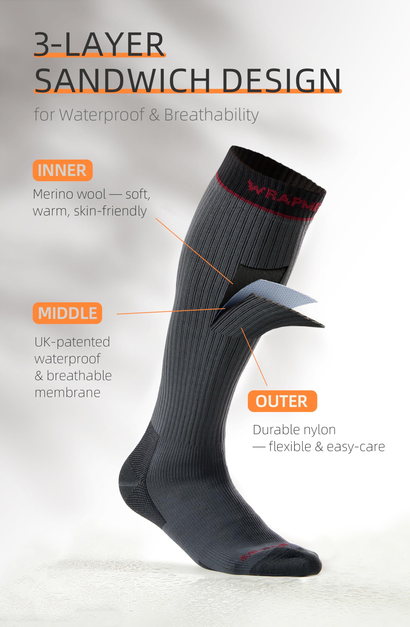 Chaussettes hautes imperméables avec laine mérinos, chaussettes de randonnée thermiques à trois couches, chaussettes d'hiver coupe-vent pour la marche, les voyages et par temps froid