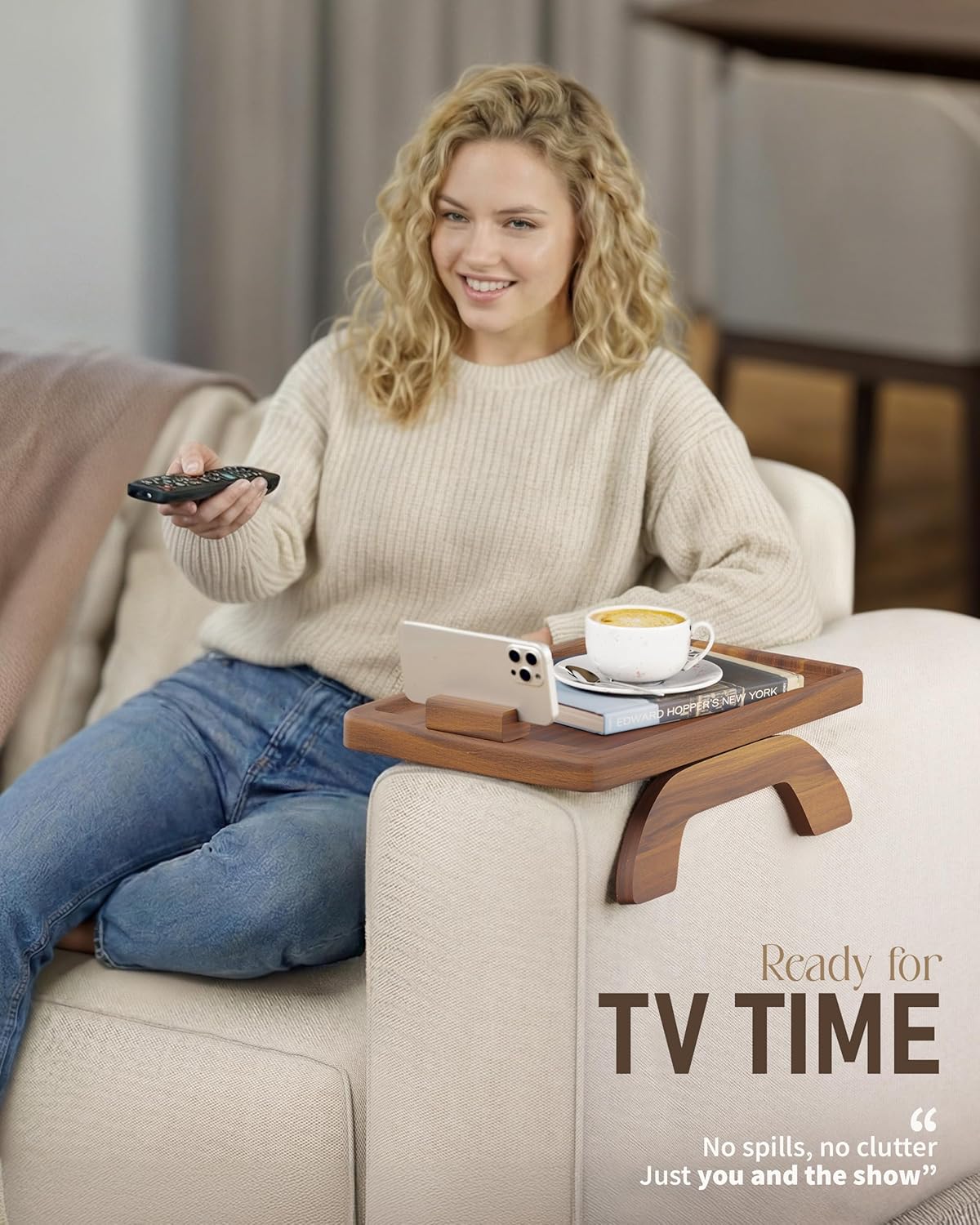 BLUEWEST Sofa Armrest Tray,15.4''x9.8'' Acacia Wood Couch Arm Clip on Tray Table with 360° Rotating Phone Holder –Fits Most Couch Arm Sizes–Non-Slip, Arm Table for TV Dinners, Remote, Drinks & Snacks - Image 4