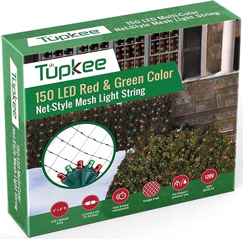 Tupkee Red de luces de Navidad – 150 luces LED de malla roja y verde – 4 pies x 6 pies – Exterior/Interior – Luces de red para arbustos, setos o