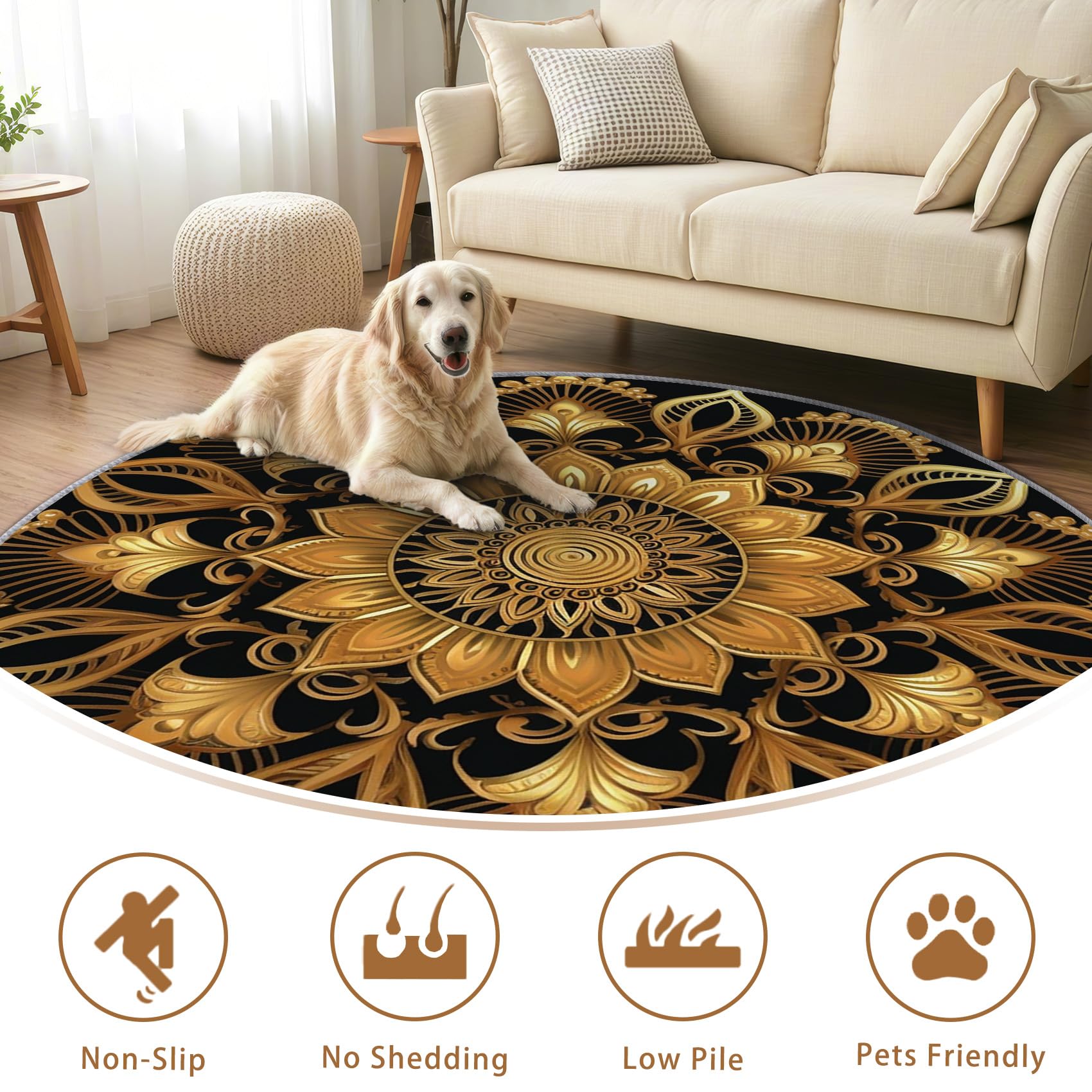Mandala Teppich Rund 120cm Kurzflor - Waschbare Teppiche Wohnzimmer Schwarz Gold - Runder Teppich 120 Durchmesser Kinderzimmer - Bettvorleger Schlafzimmer rutschfest Weich