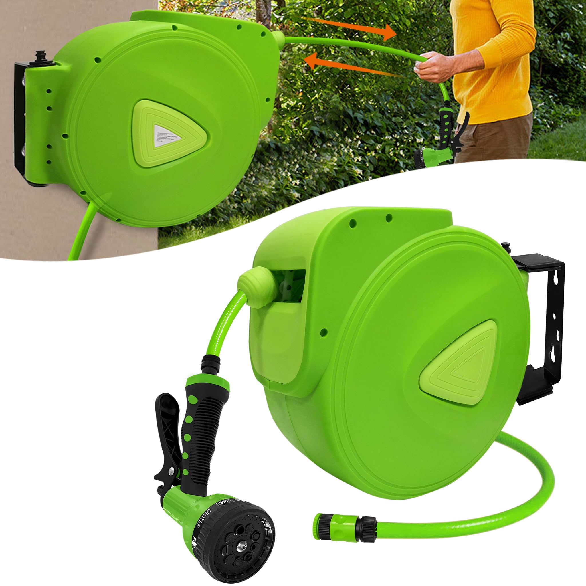 Aufun Enrouleur Tuyau Arrosage 20m + 2m automatique avec douchette, raccord 3/4" orientable à 180, Verrouillage à n'importe Quel Point, pour jardin, arrosage, lavage de voiture (Vert, 20m)