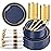 WDF Partyware 350PCS Navy Blue and Gold Plastic Plates with Rolled Napkins Include Dinner Plate 10, Dessert Plate 7, gold Cups 9 OZ, Pre Rolled Napkins 25 of each type for Hanukkah Wedding