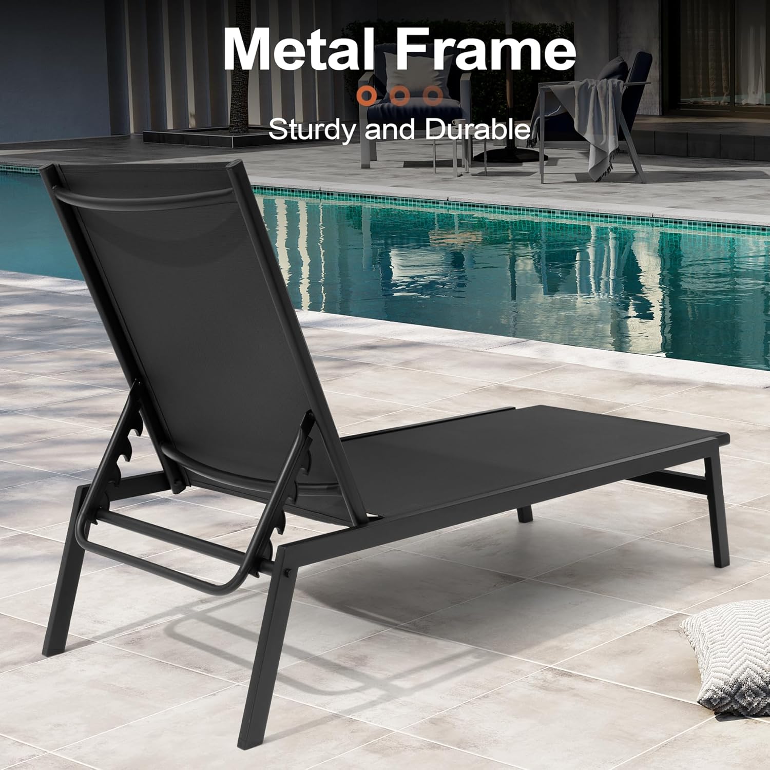 Crestlive Products Stackable Outdoor Chaise Lounge Chairs Set of 4 with 5-Position Adjustable Back for Patio, Beach, Yard, Pool (Black)