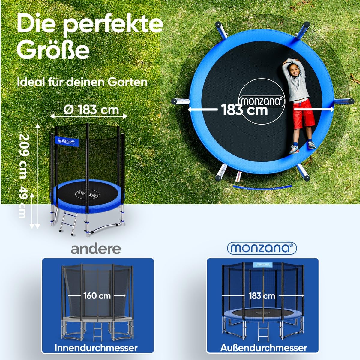 Monzana® Trampolin Ø 183/244/305/366/427 cm TÜV SÜD GS Zertifiziert Komplettset inkl. Sicherheitsnetz Leiter Randabdeckung Kindertrampolin Gartentrampolin